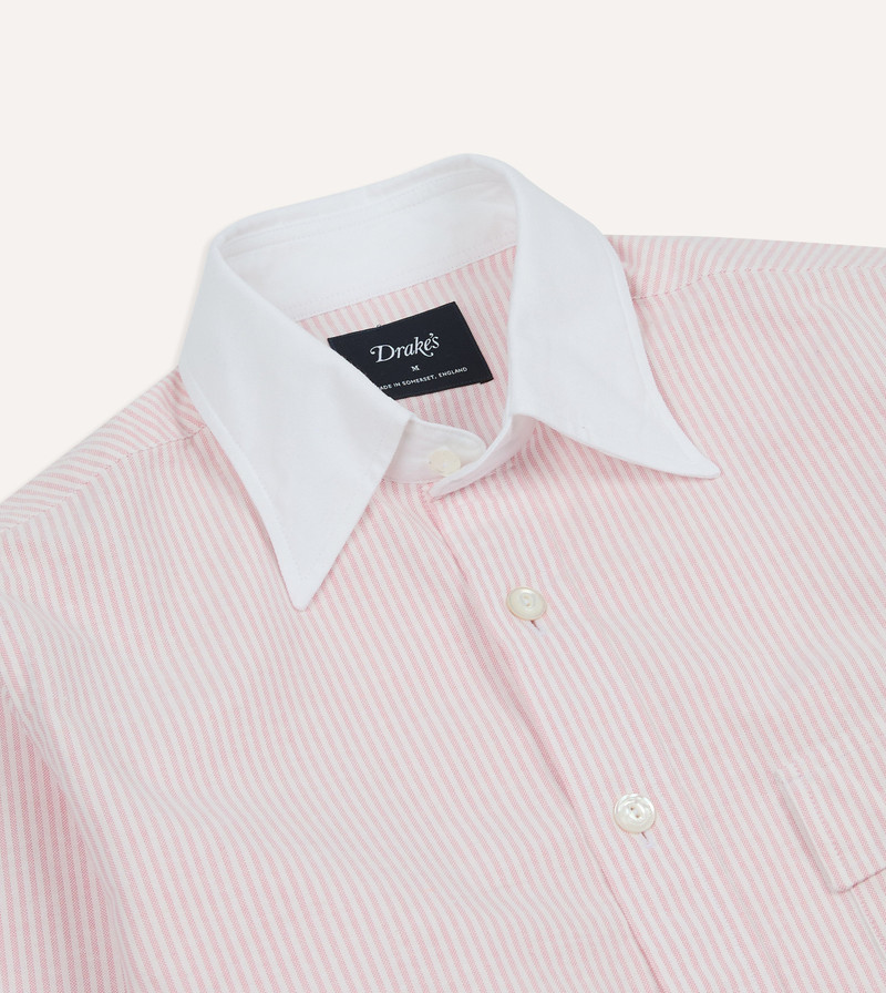 Pink Ticking Stripe Cotton Oxford Long Point Collar Western Shirt 3