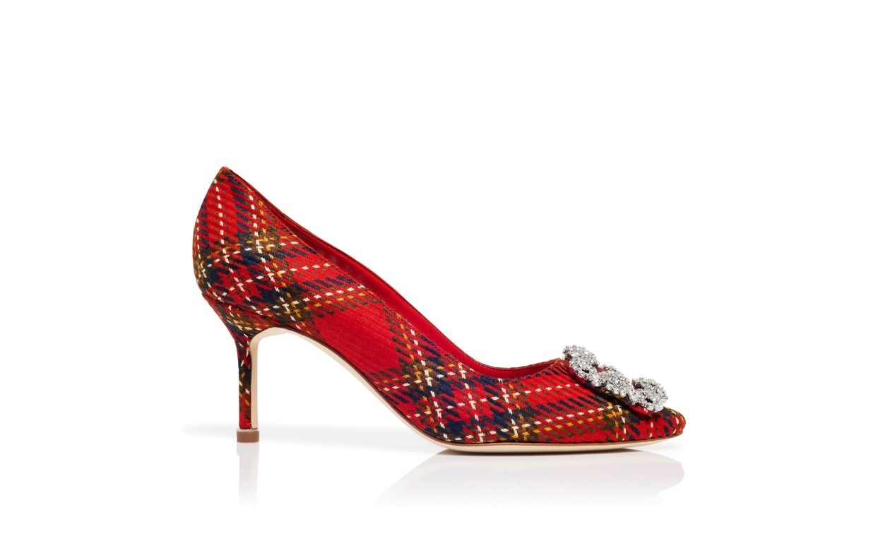 Red Wool Tartan Jewel Buckle Pumps - 1