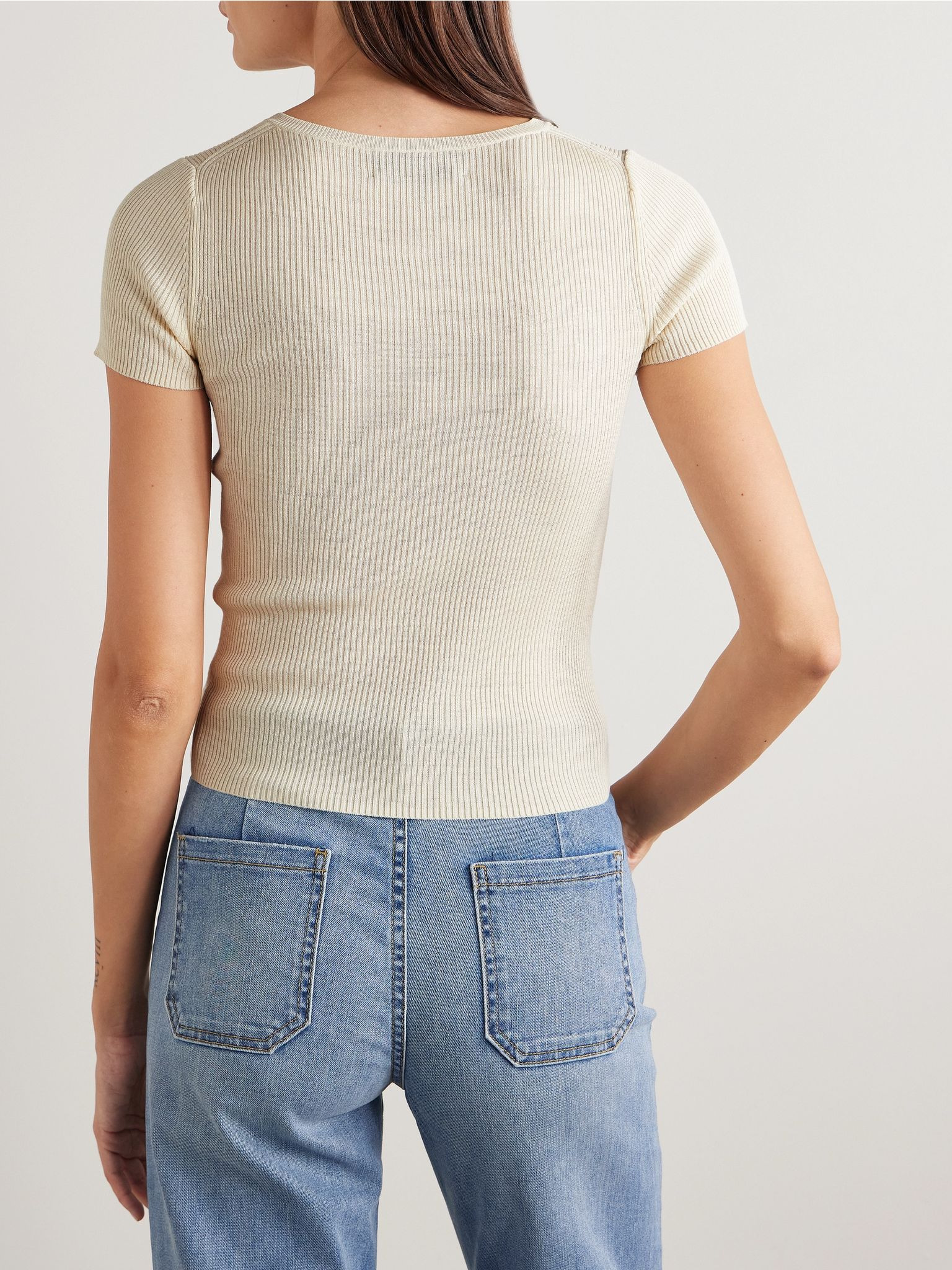Francene ribbed silk Henley T-shirt Ivory - 4