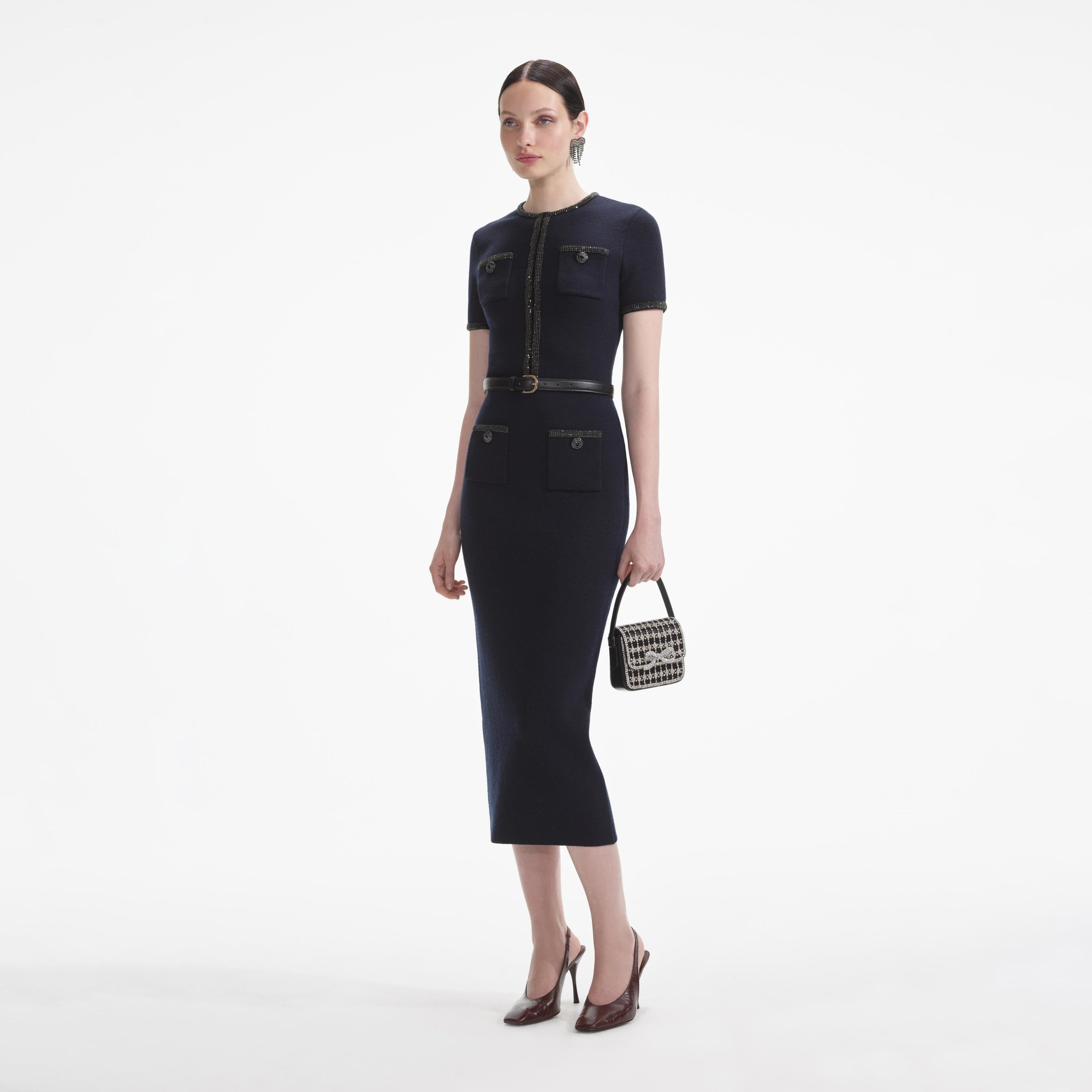 Navy Embellished Knit Midi Skirt - 2