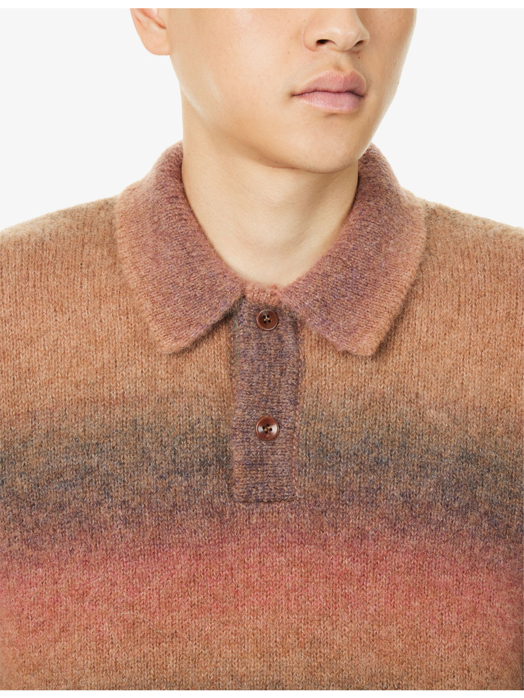Dye-Effect Long-Sleeve Alpaca Blend Polo Knit Top - 5