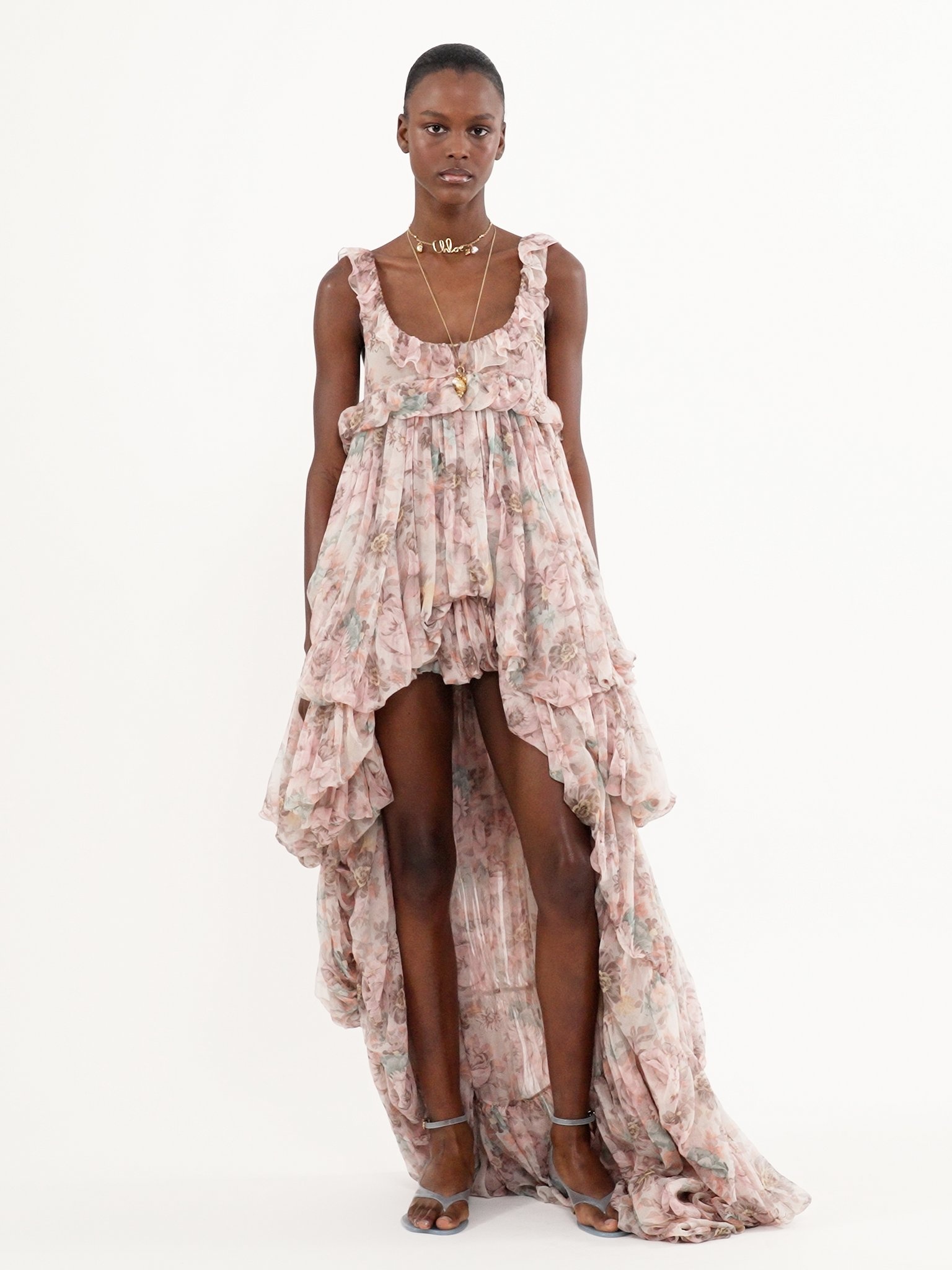 HIGH-LOW RUFFLED DRESS IN SILK MOUSSELINE - 5