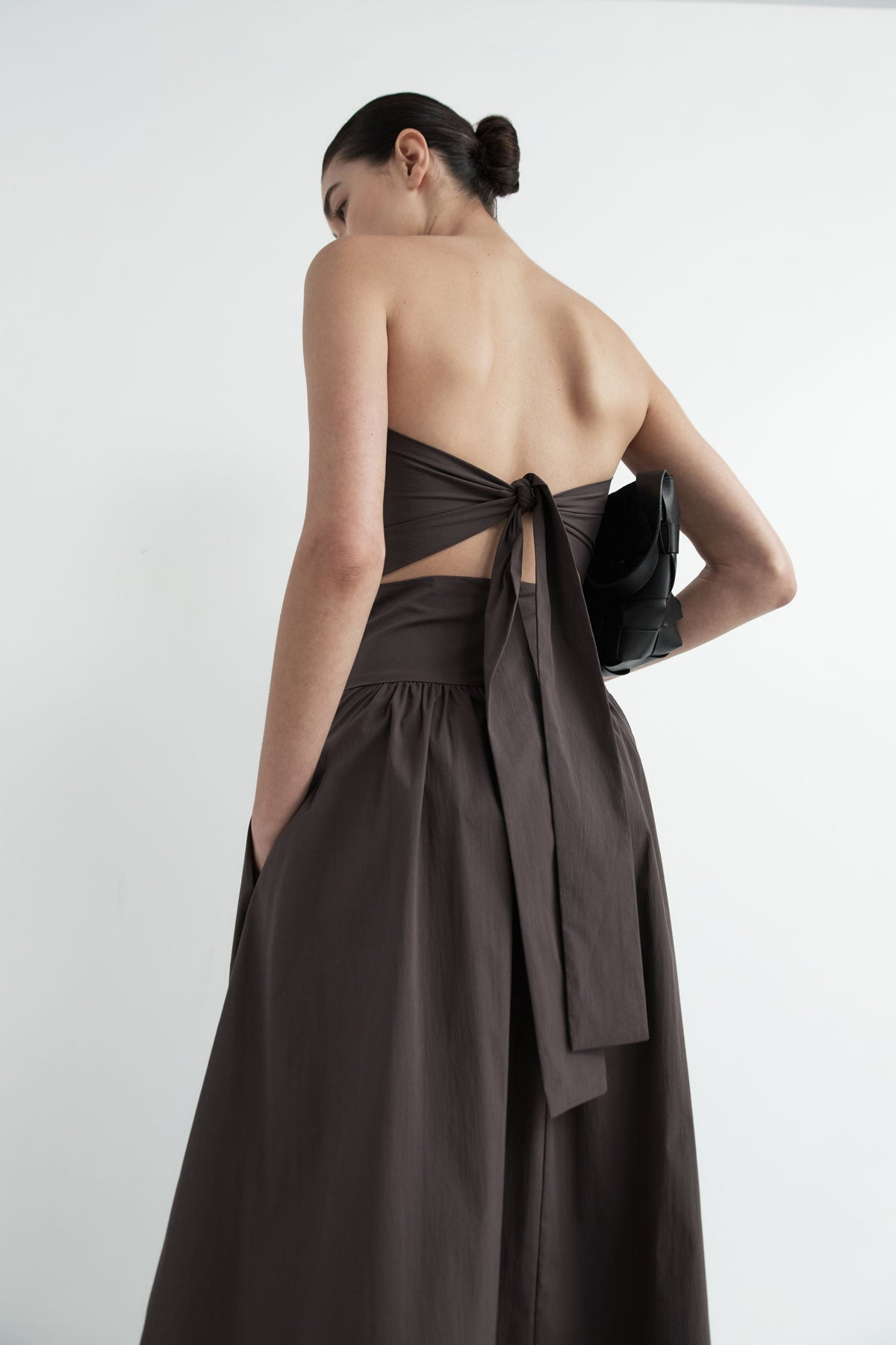 Gathered Strapless Tie Back Dress - Chocolate Plum - 8