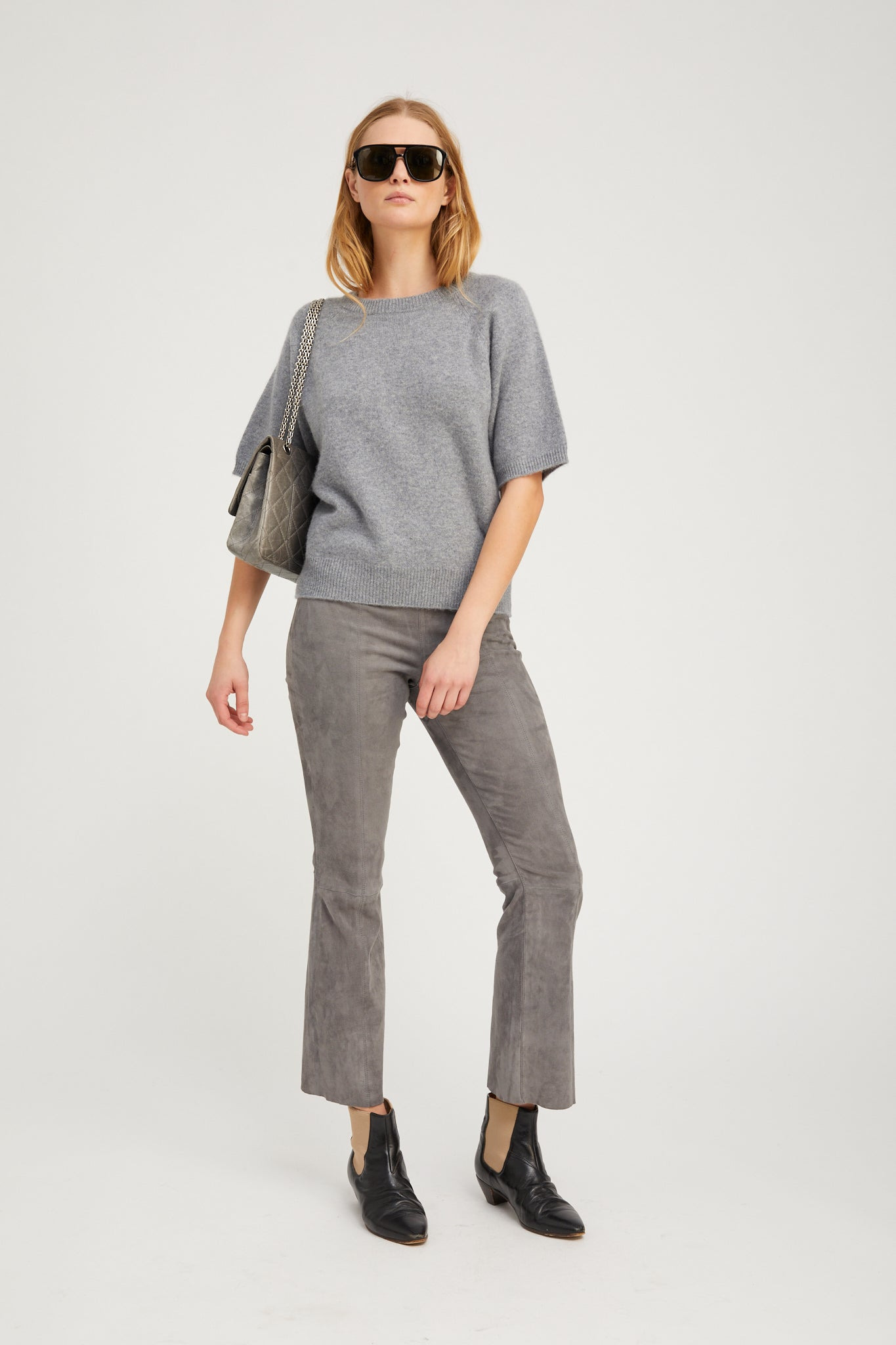 GREY SUEDE ANKLE FLARE PANTS WITH PRINCESS SEAMS - 2