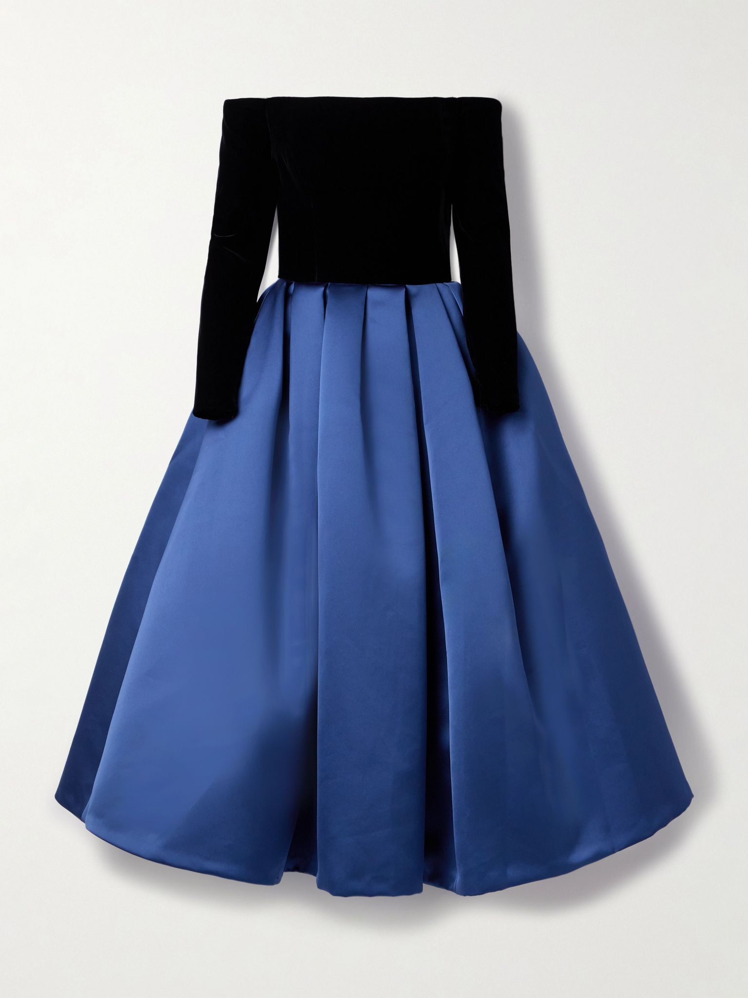 Off-the-shoulder velvet and pleated satin gown Navy - 1