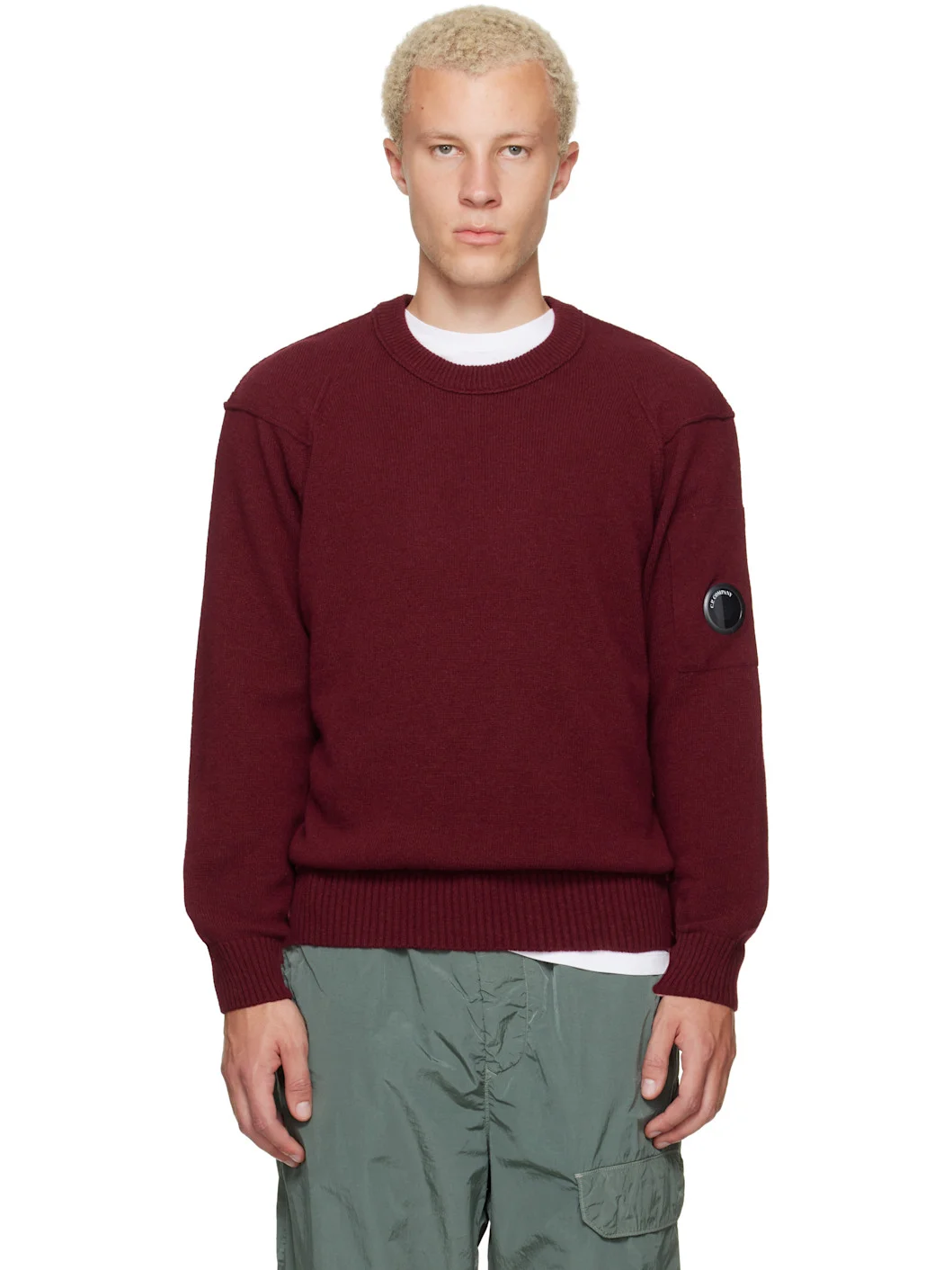 Burgundy Lambswool Lens Crewneck Contrast Sweater - 1