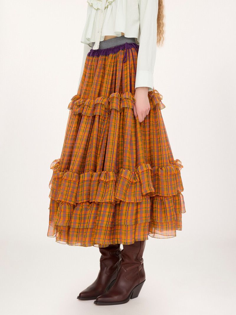RUFFLED LONG SKIRT IN CHECK SILK MOUSSELINE 3