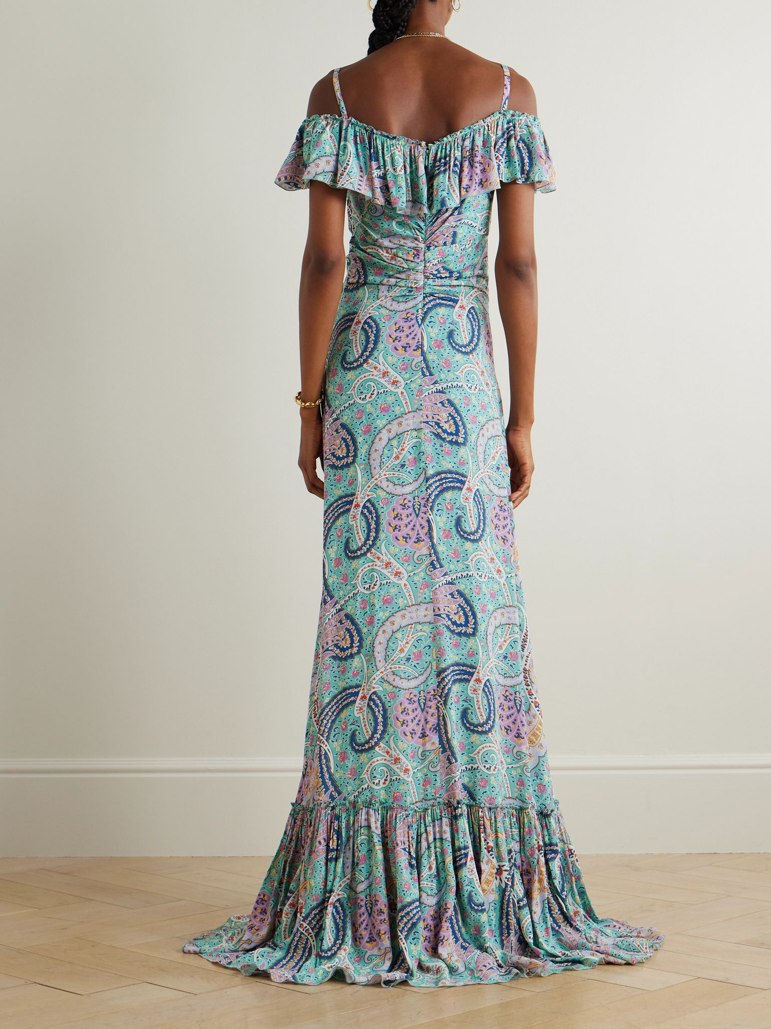 Off-the-shoulder ruffled paisley-print georgette maxi dress Light blue - 3