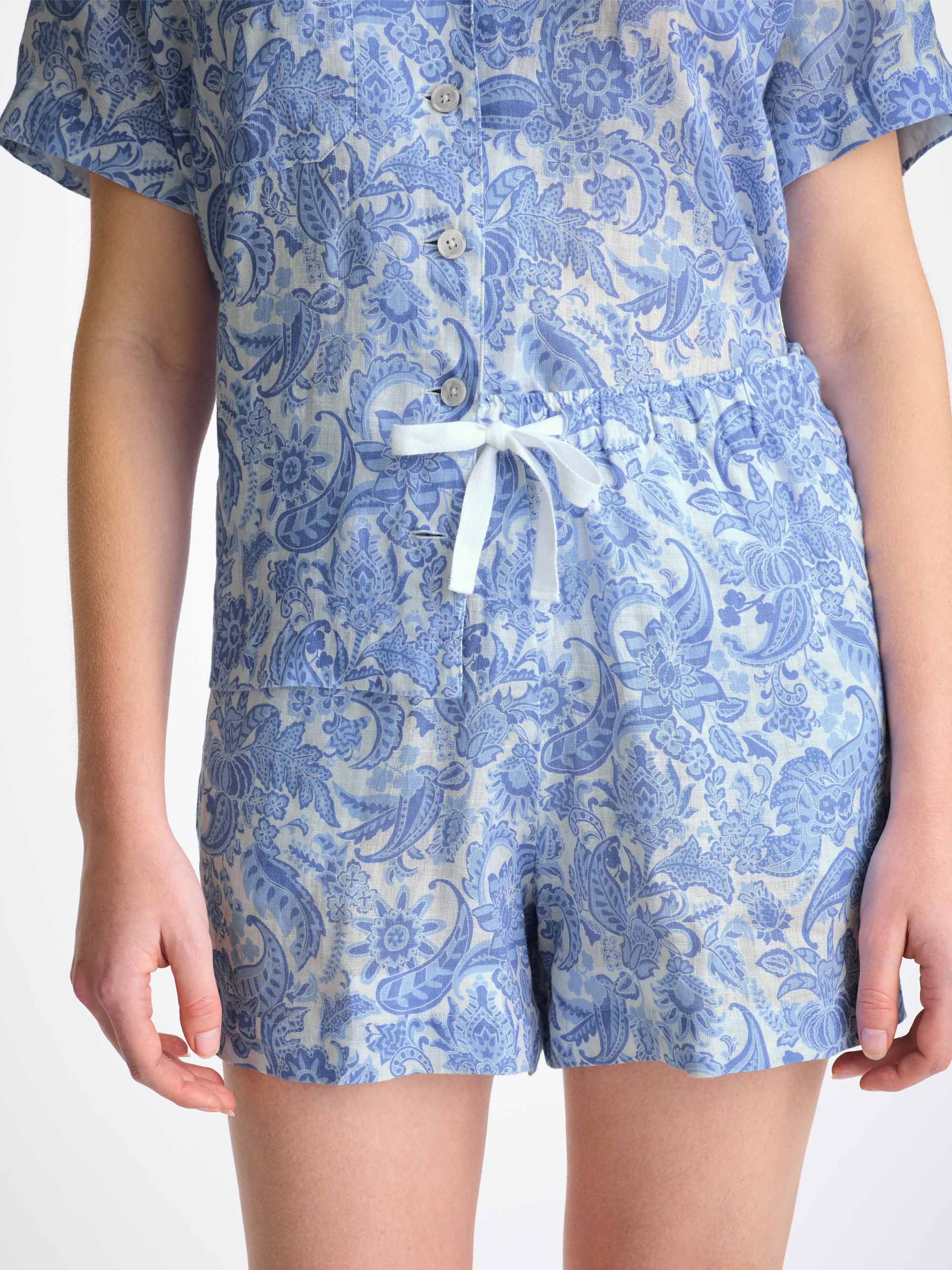 Women's Short Pajamas Linen White Jungle Paisley Print - 5