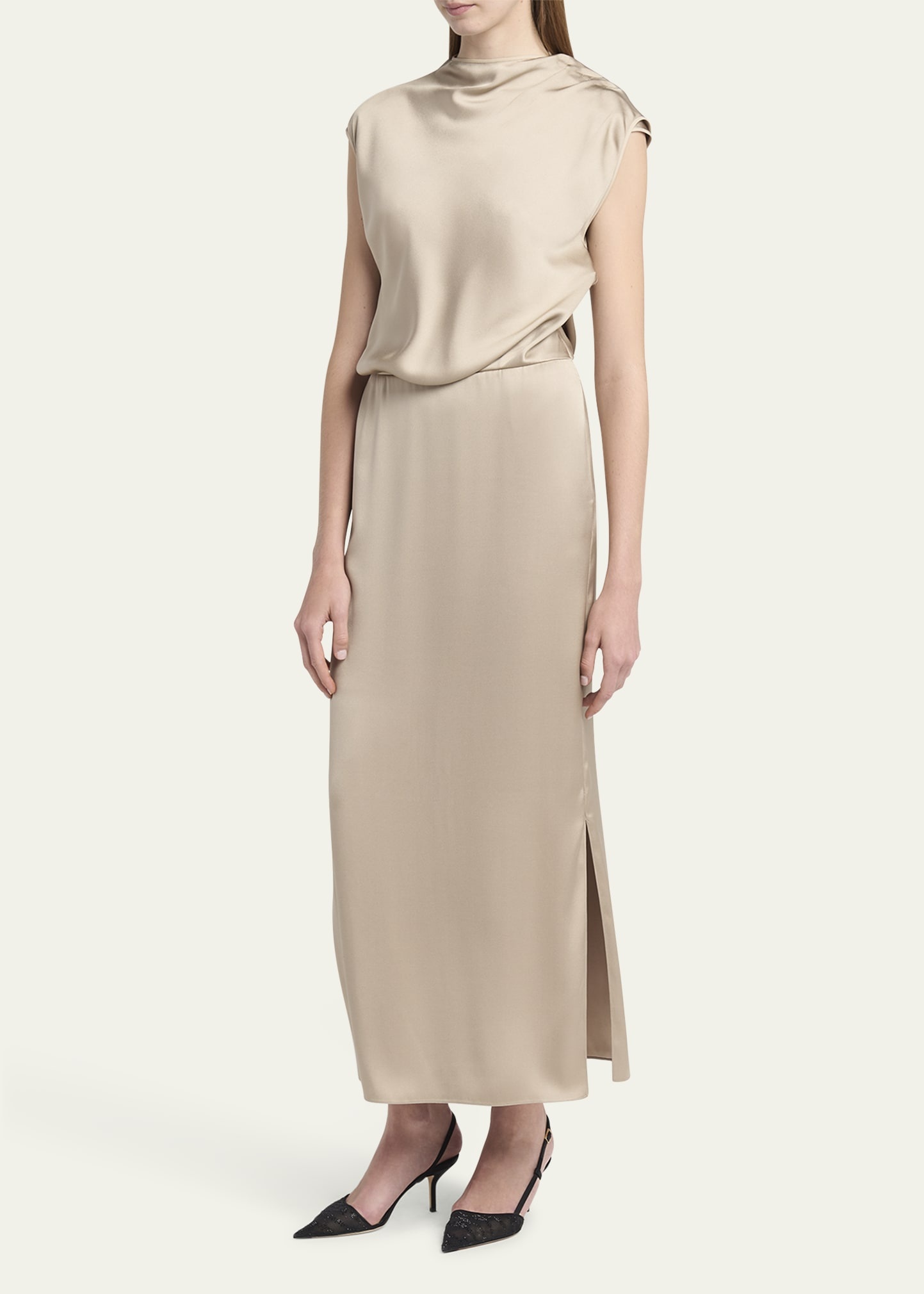 Long Cowl-Neck Double Satin Dress - 4