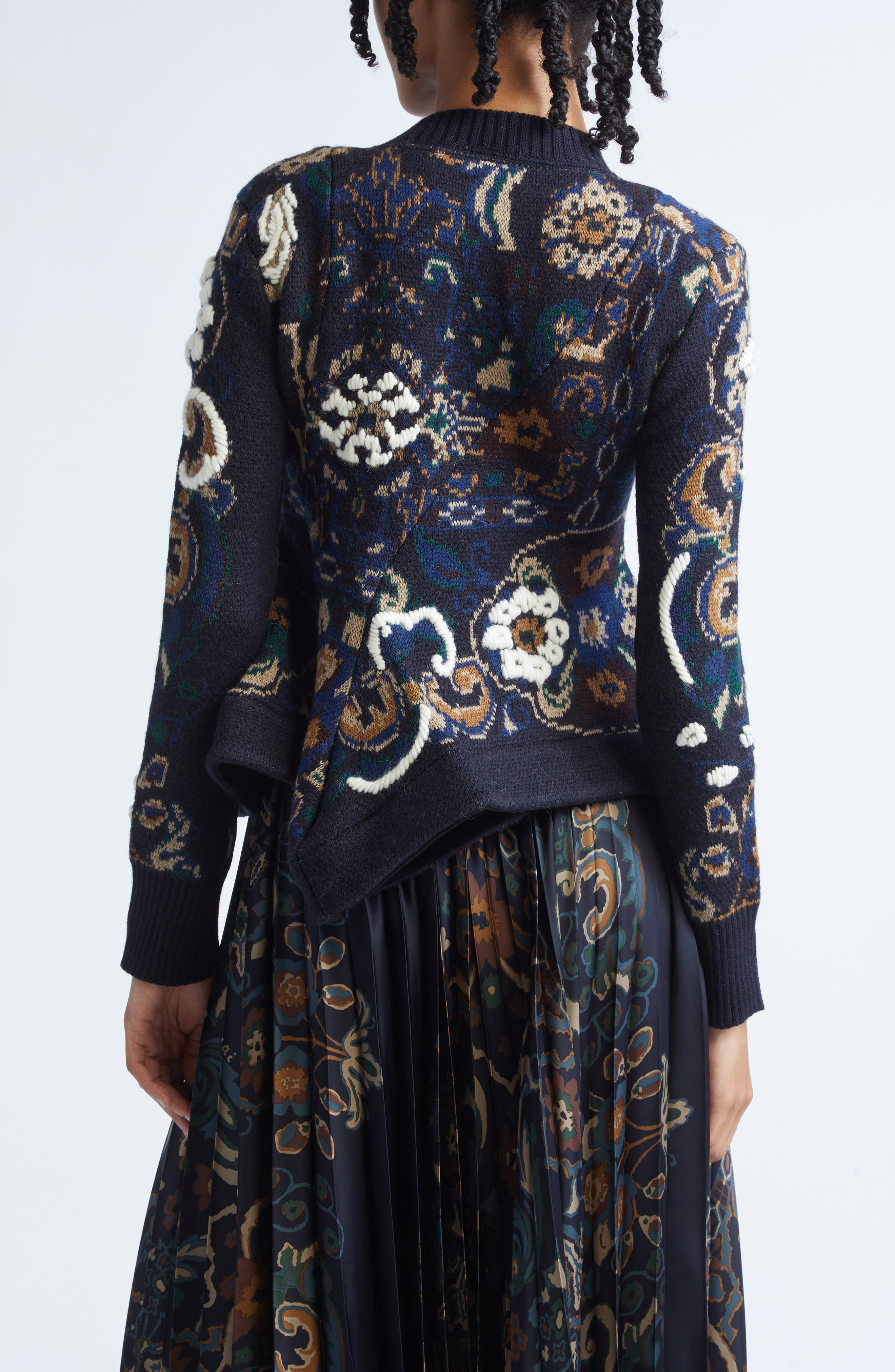 Sacai Floral Jacquard Asymmetric Wool Sweater in Navy at Nordstrom - 3
