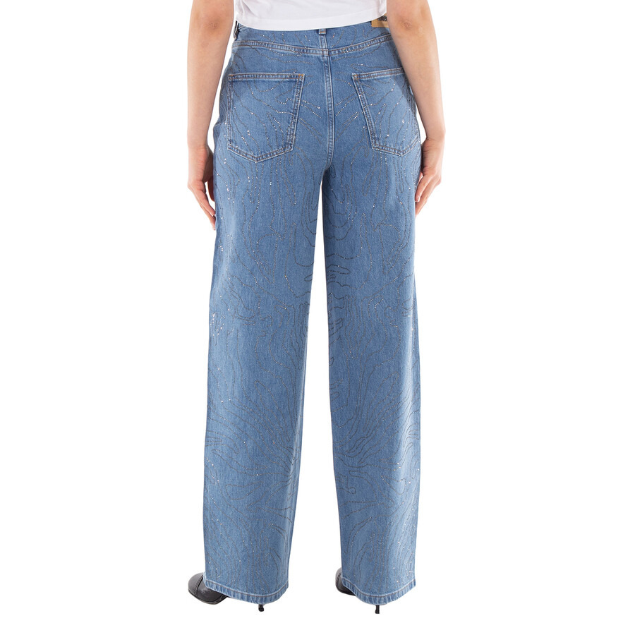 Rotate Ladies Light Blue Denim Rhinestone Wide Leg Jeans - 3