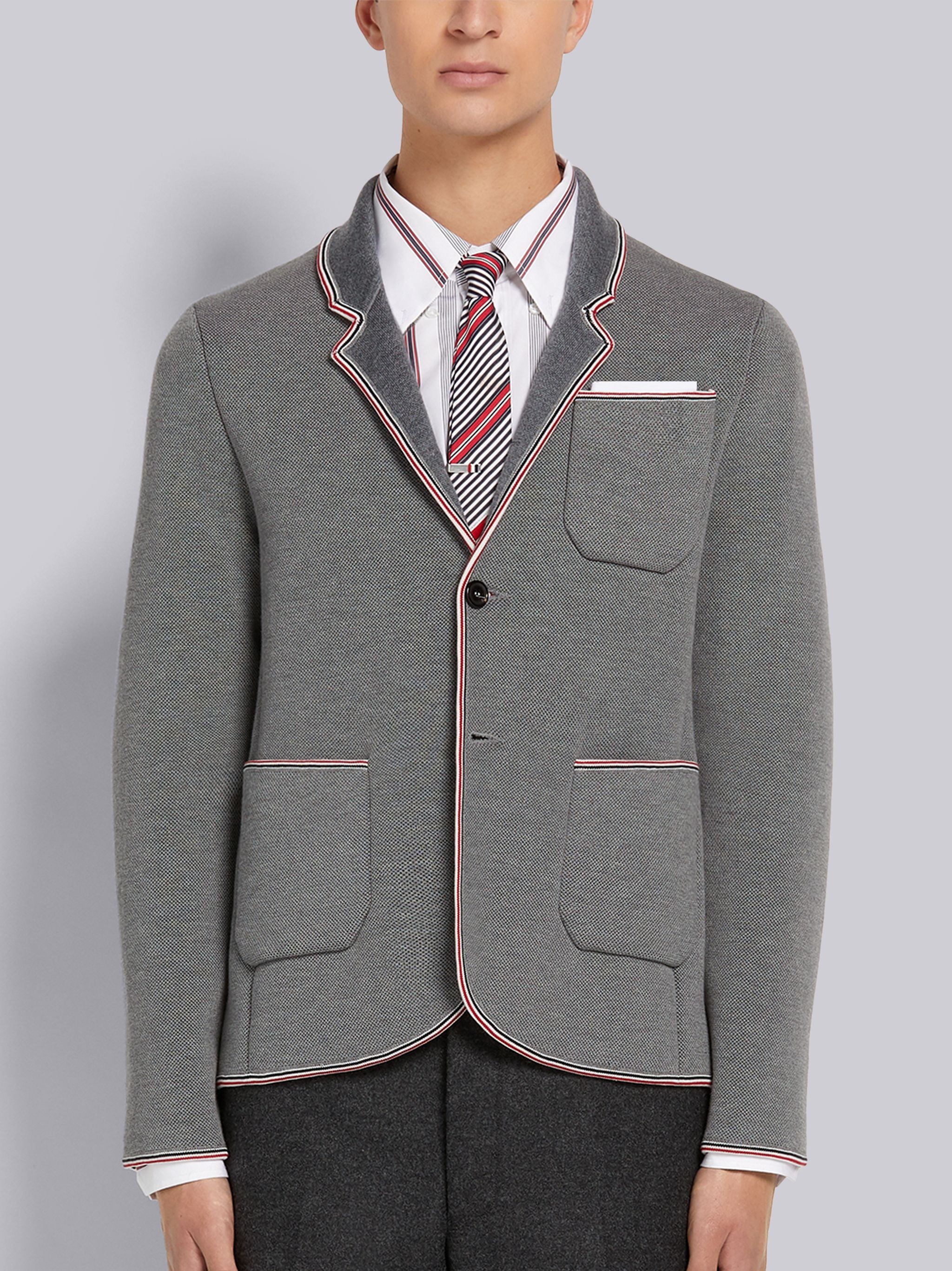 Light Grey Pique and Jersey Jersey Stitch Stripe Tipping Sport Coat - 1