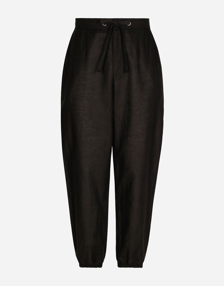 Linen and cotton jogging pants with logo label - 1