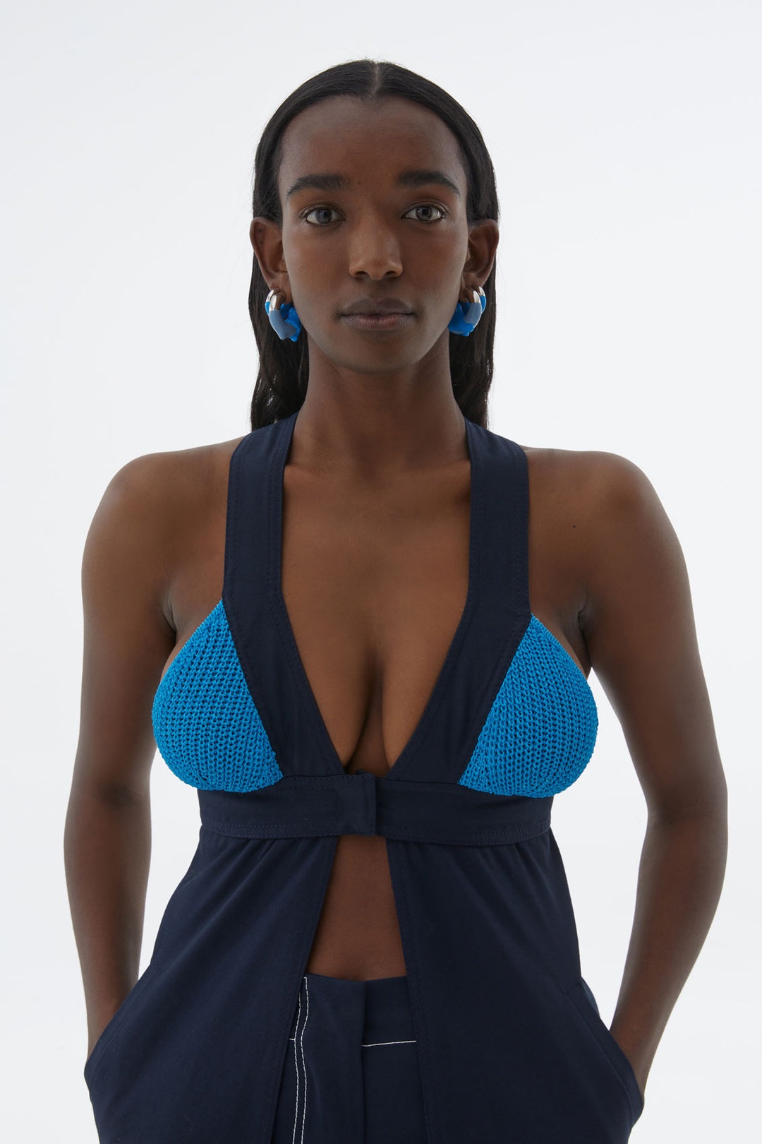 BLUE KNIT RUBBER PANEL BRA DRESS - 5