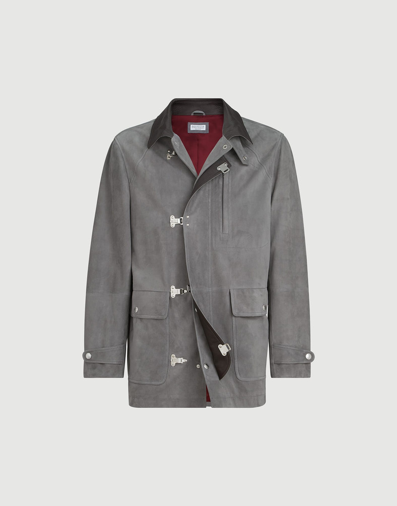 Suede outerwear jacket with hook fastening 1