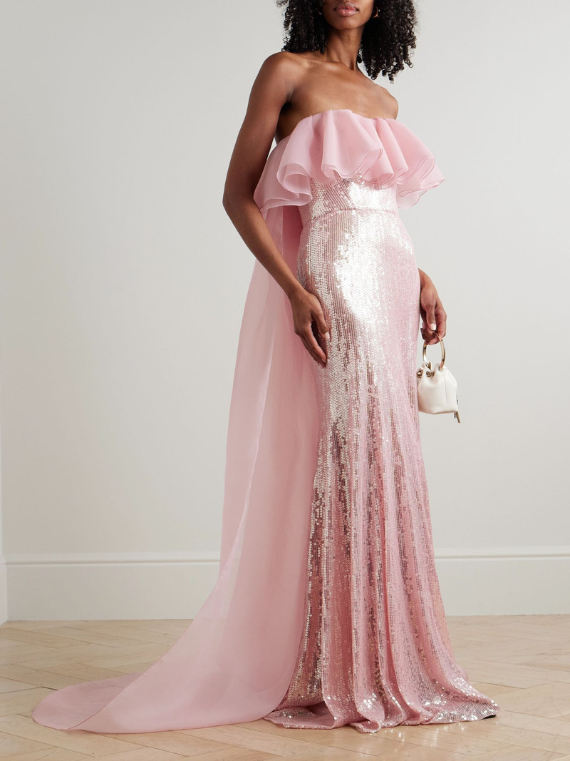 JENNY PACKHAM Galactic strapless chiffon-trimmed sequined satin gown Pink outlook