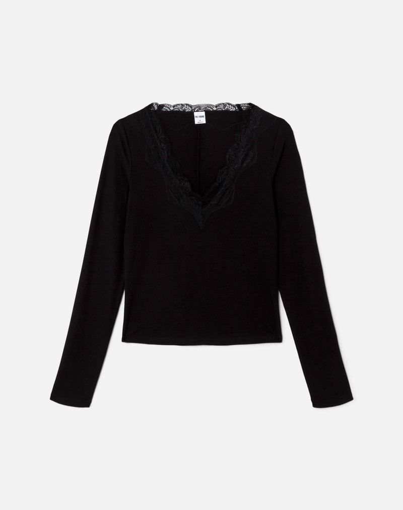 Lace V Neck Long Sleeve - Black 1