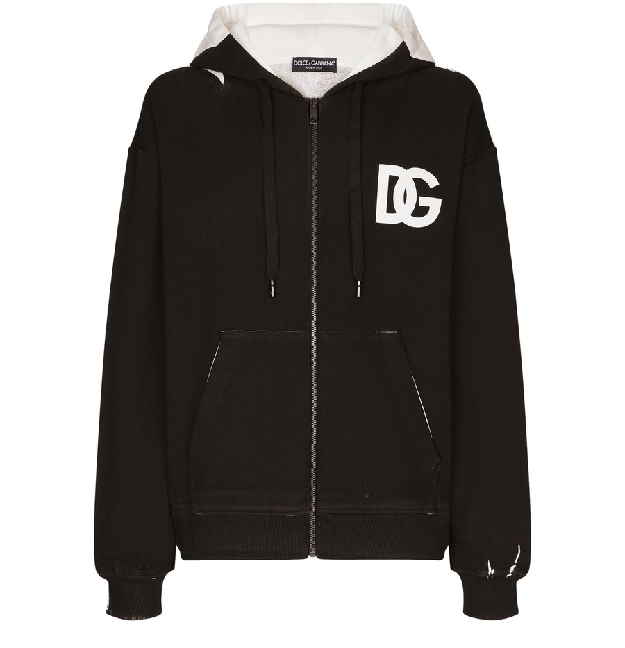 Hooded Jersey Sweatshirt with Zip and Logo Print - 1