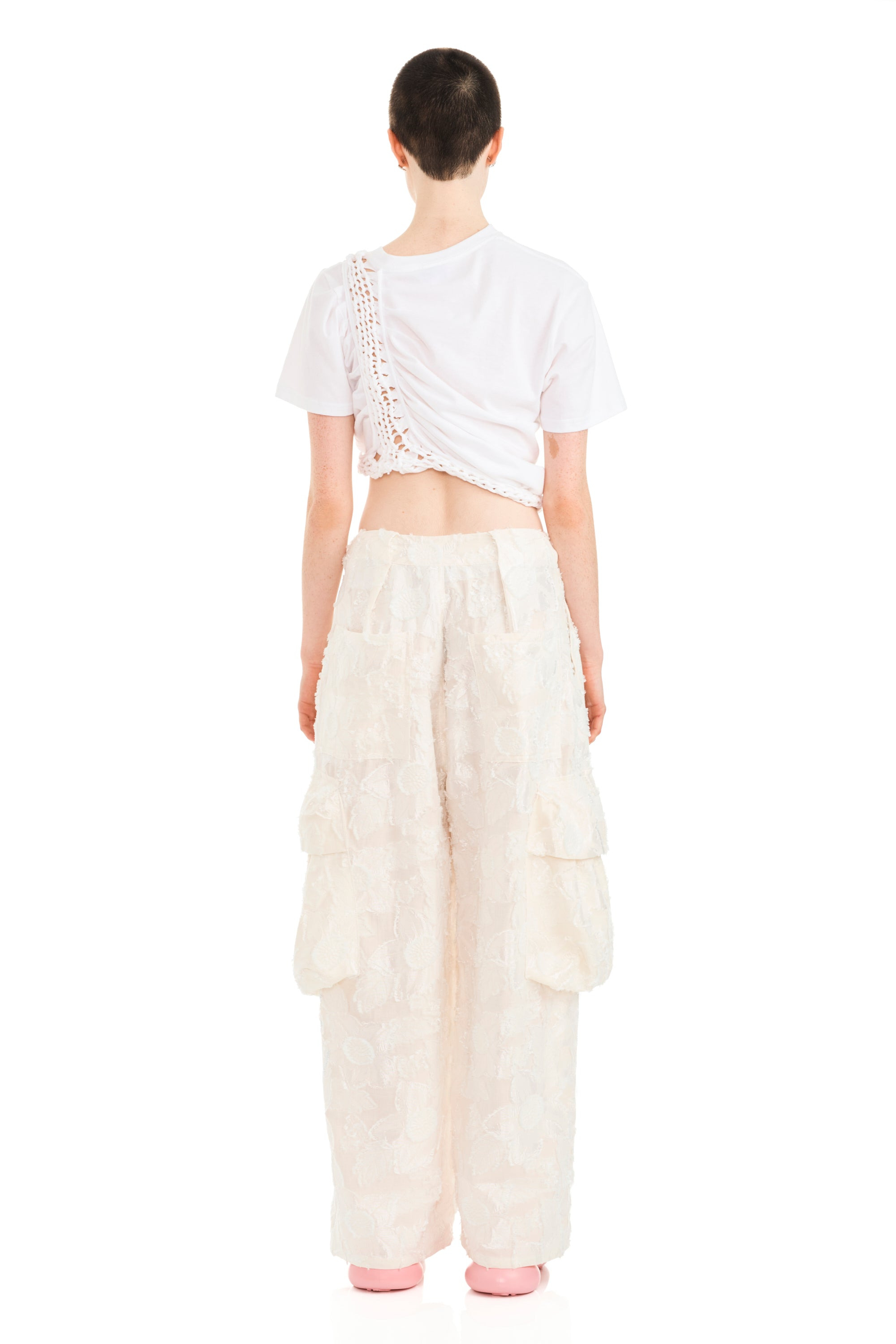 WHITE JACQUARD PLEATED CARGO PANT - 3
