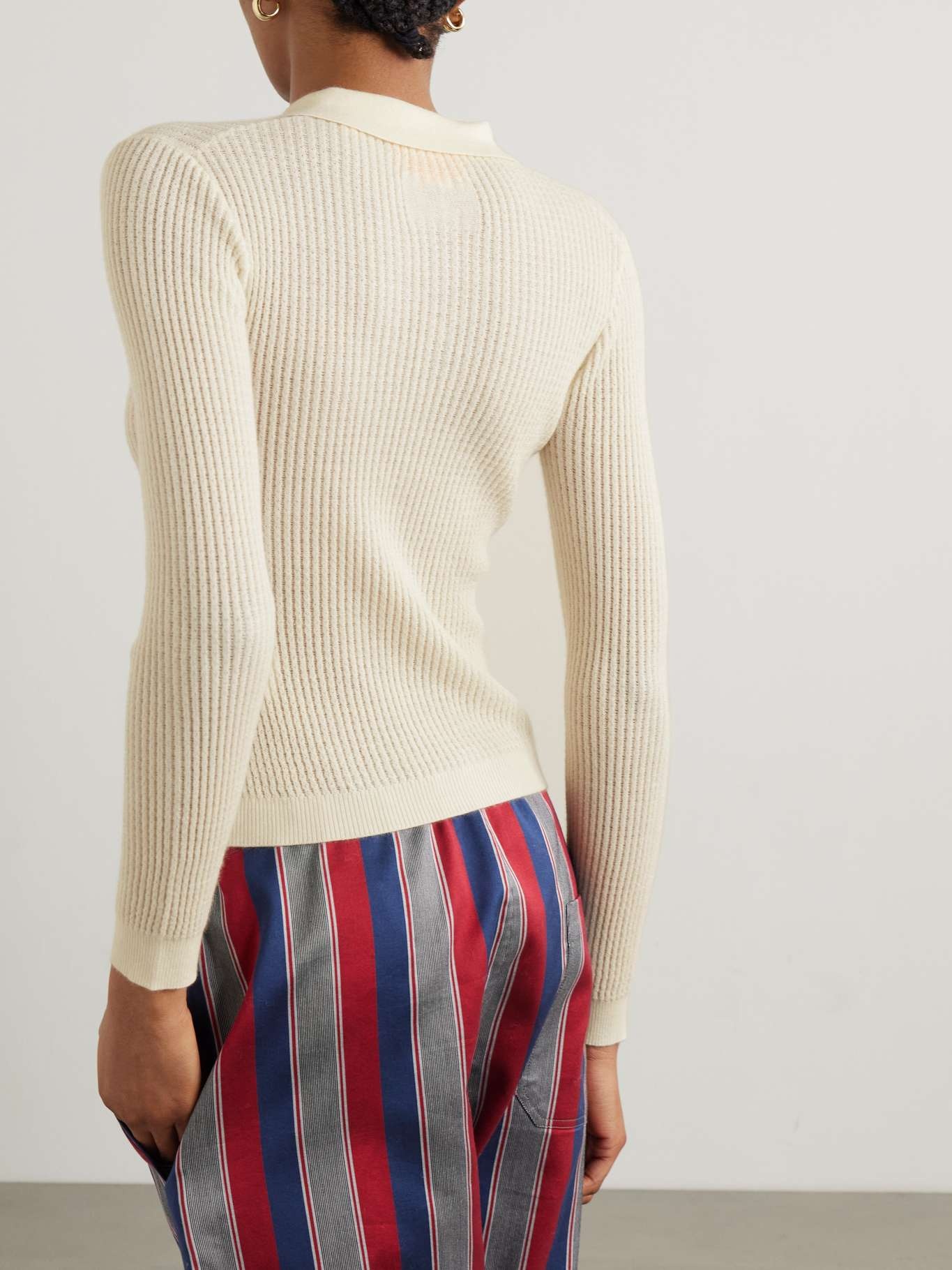 Cropped ribbed-knit cashmere polo top Cream - 4