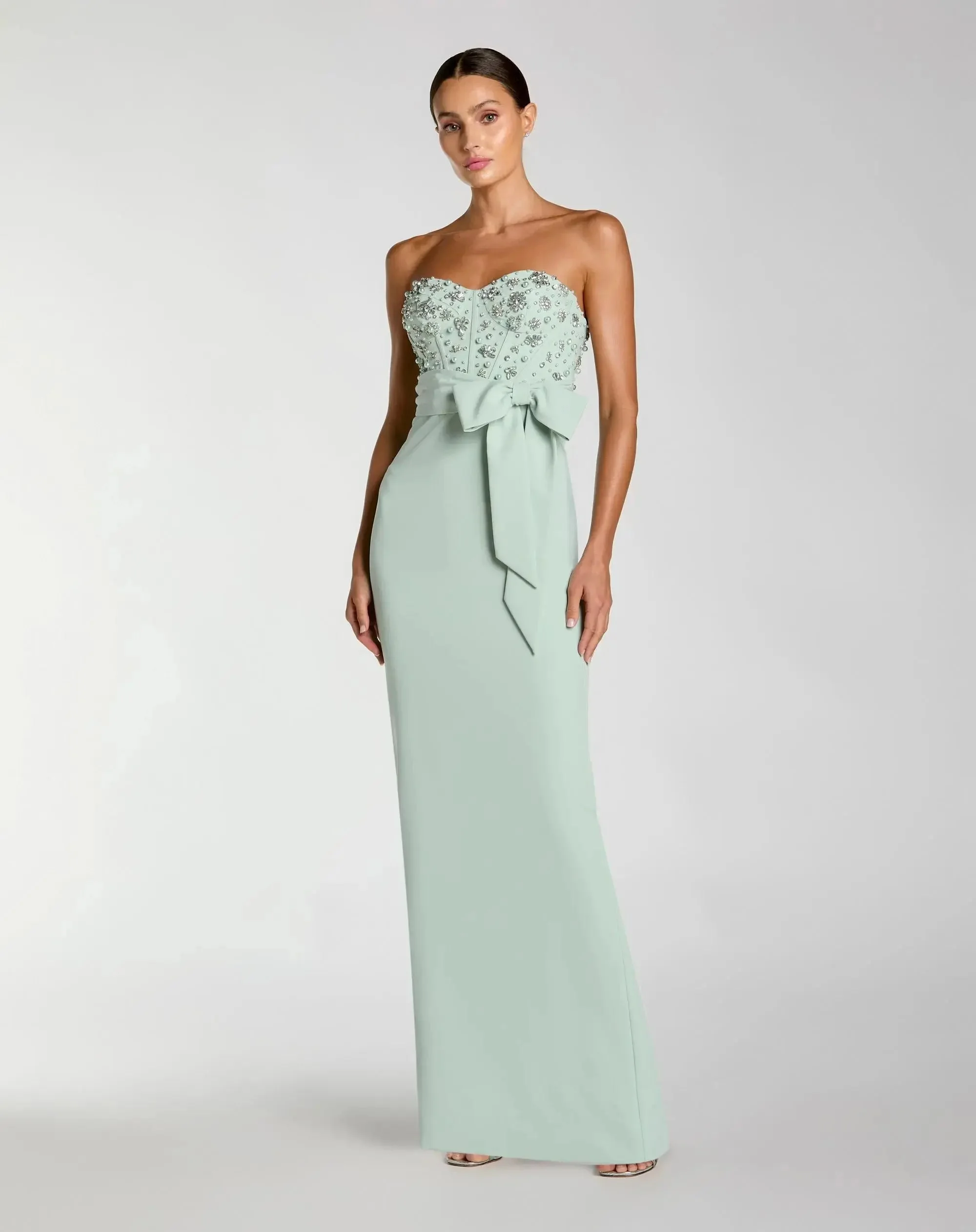 Green Strapless Embellished Bustier Gown with Bow - 1