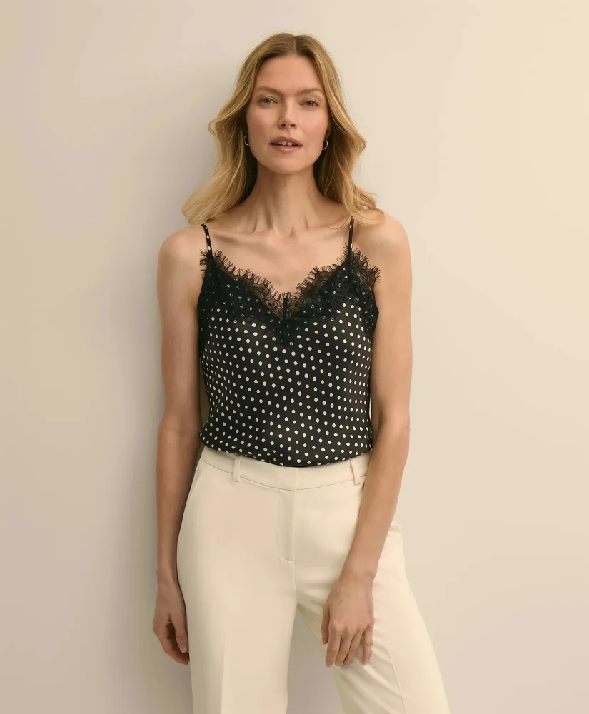 Dot-Print Lace-Trim Cami in Silk Charmeuse - 1