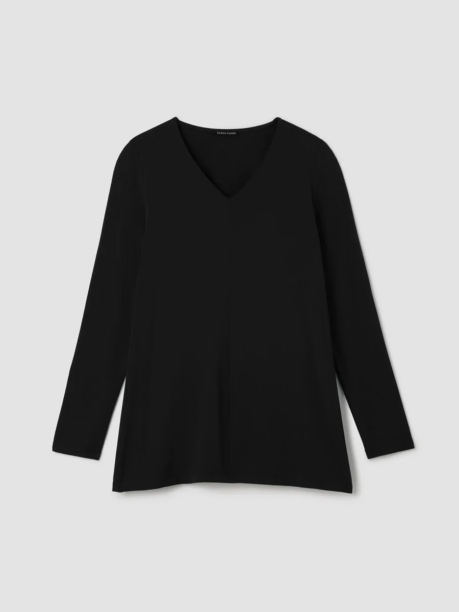 Fine Stretch Jersey Knit V-Neck Long Top - 1