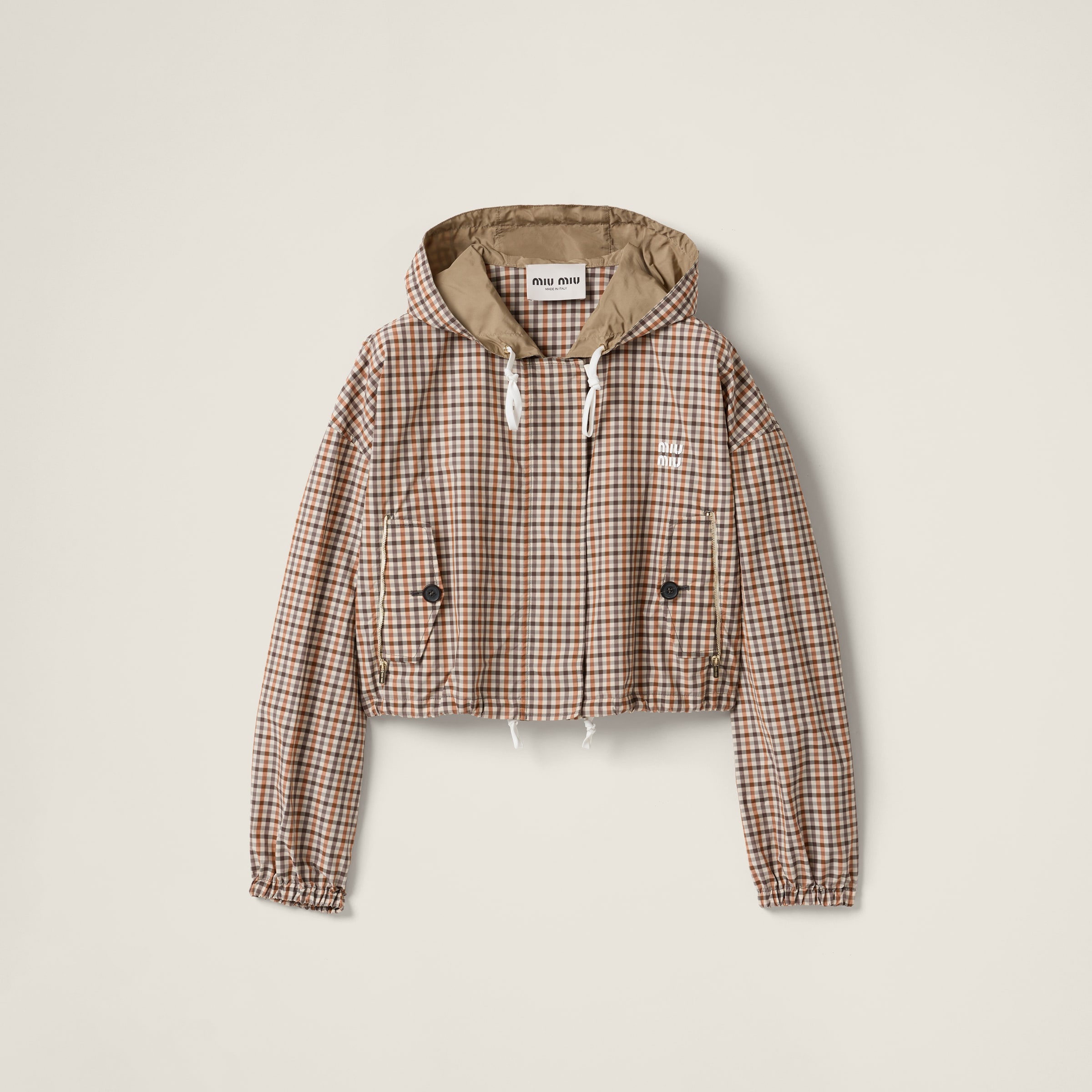 関税込 MiuMiu Vichy check technical fabric blouson jacket Chalk/orange Vichy Check Technical Fabric Blouson Jacket