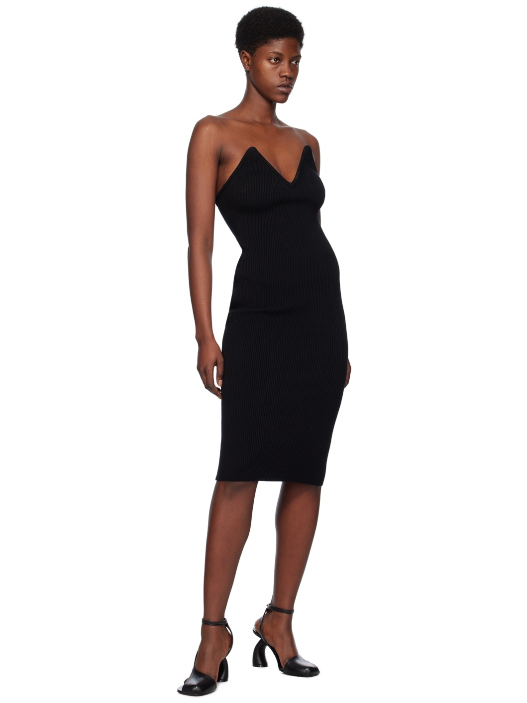 Black V-Neck Midi Dress - 4