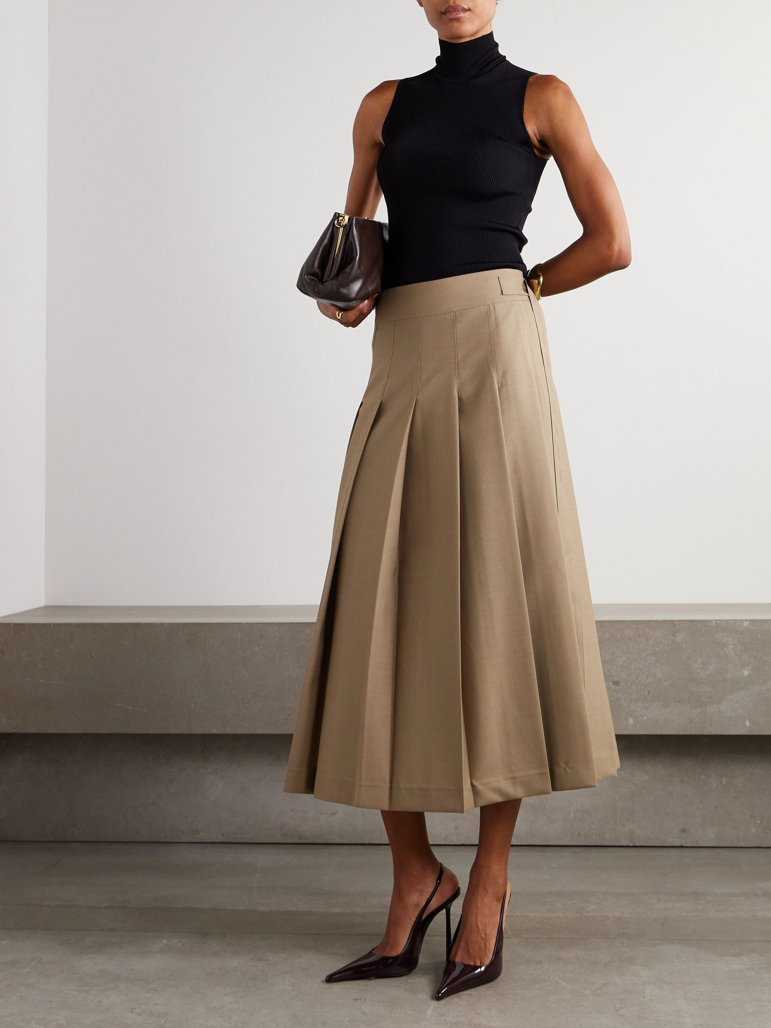 Pleated wool-blend midi wrap skirt Beige - 2