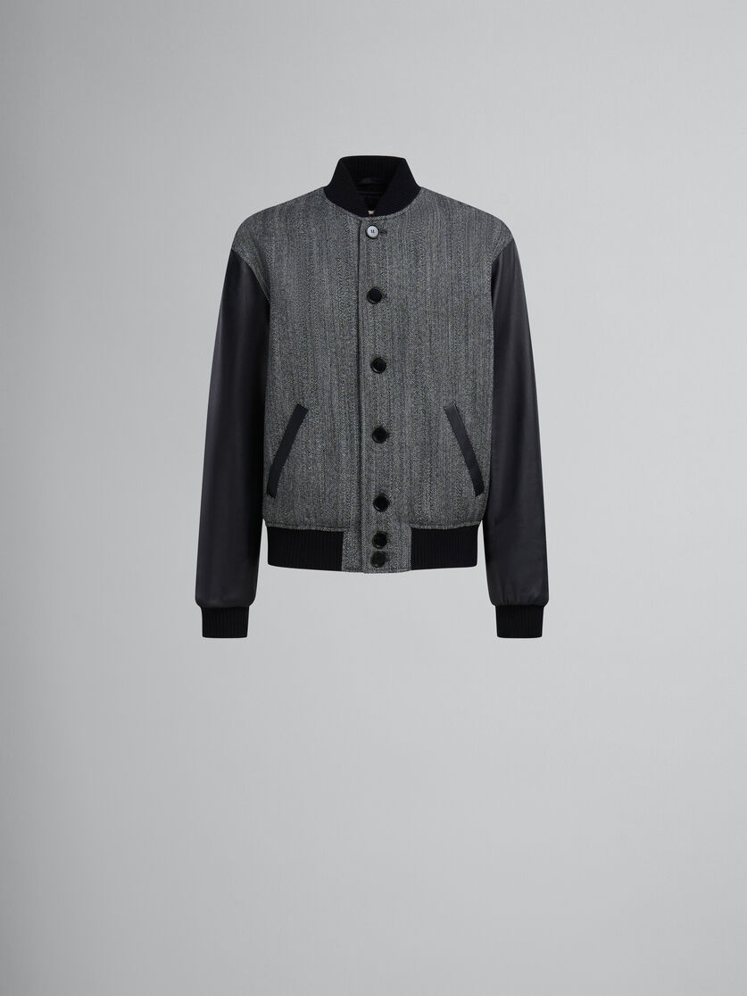 BLACK HERRINGBONE WOOL JACKET WITH LEATHER SLEEVES - 1