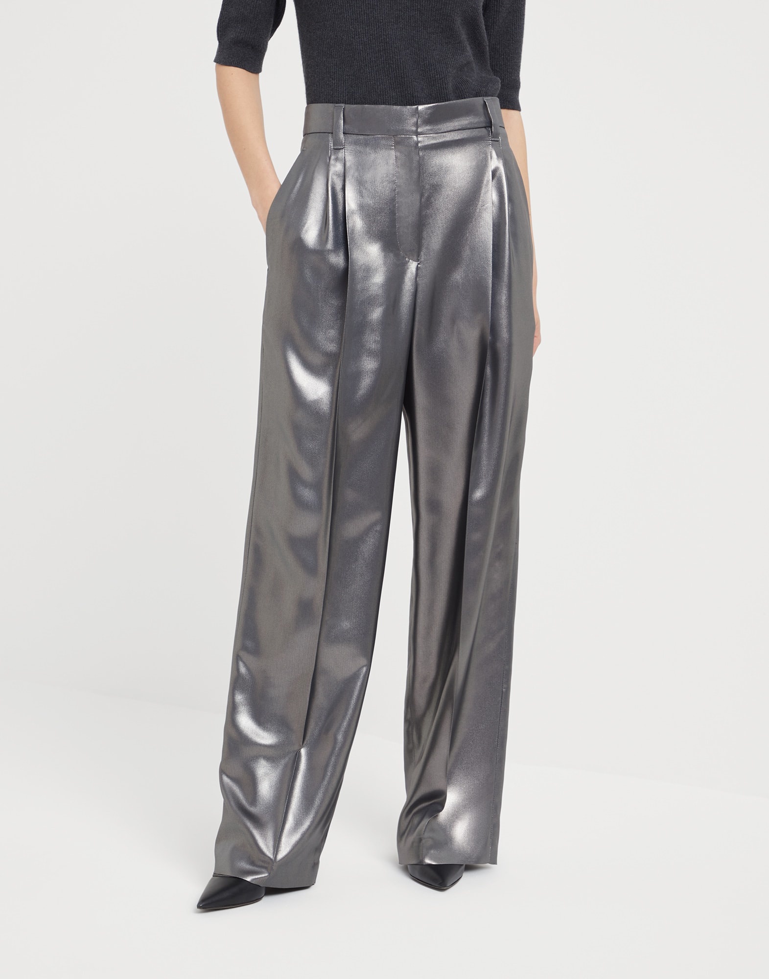 Lamé silk twill tailored relaxed trousers - 1