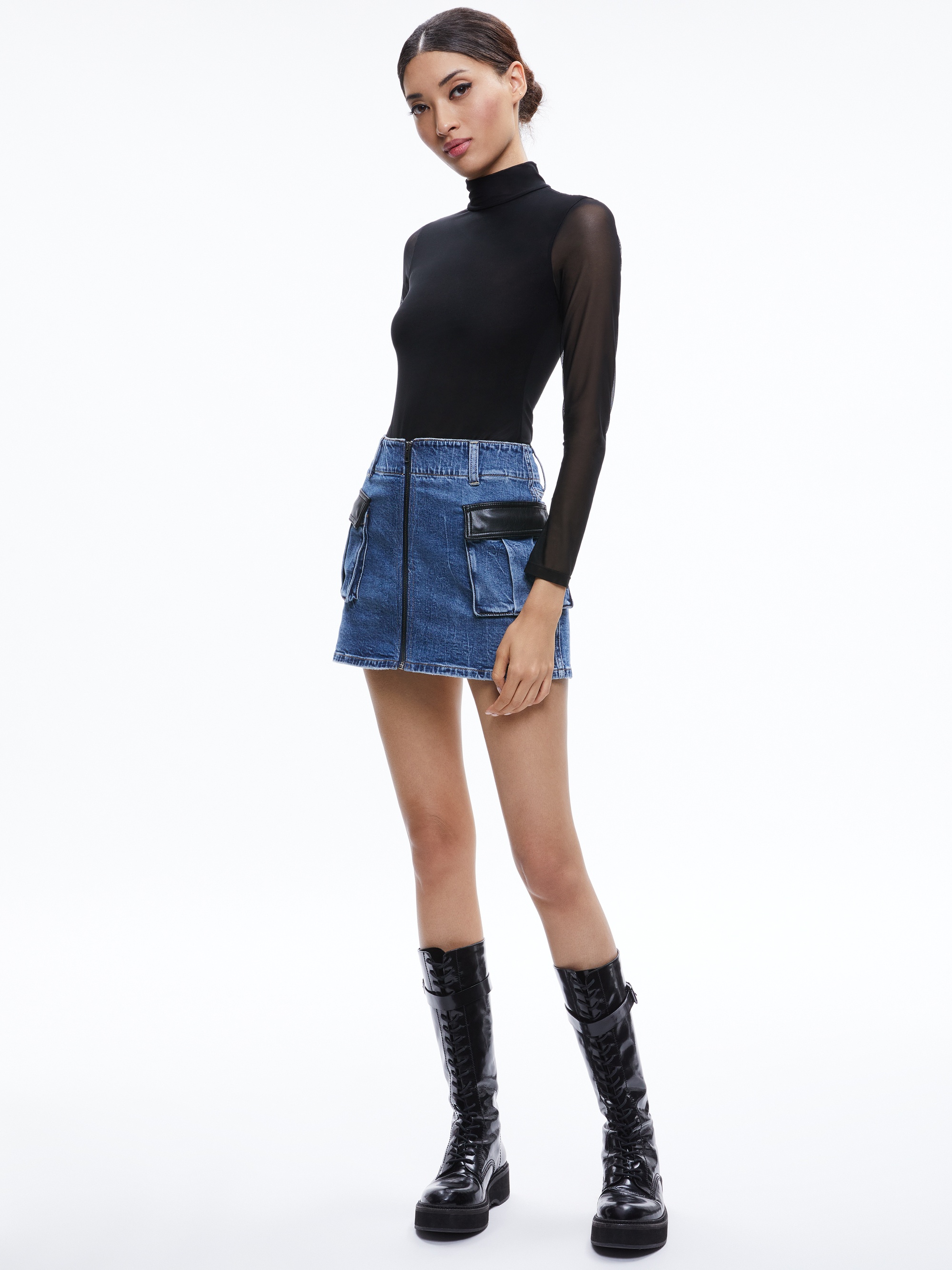 RAHMI VEGAN LEATHER CARGO DENIM MINI SKIRT - 4