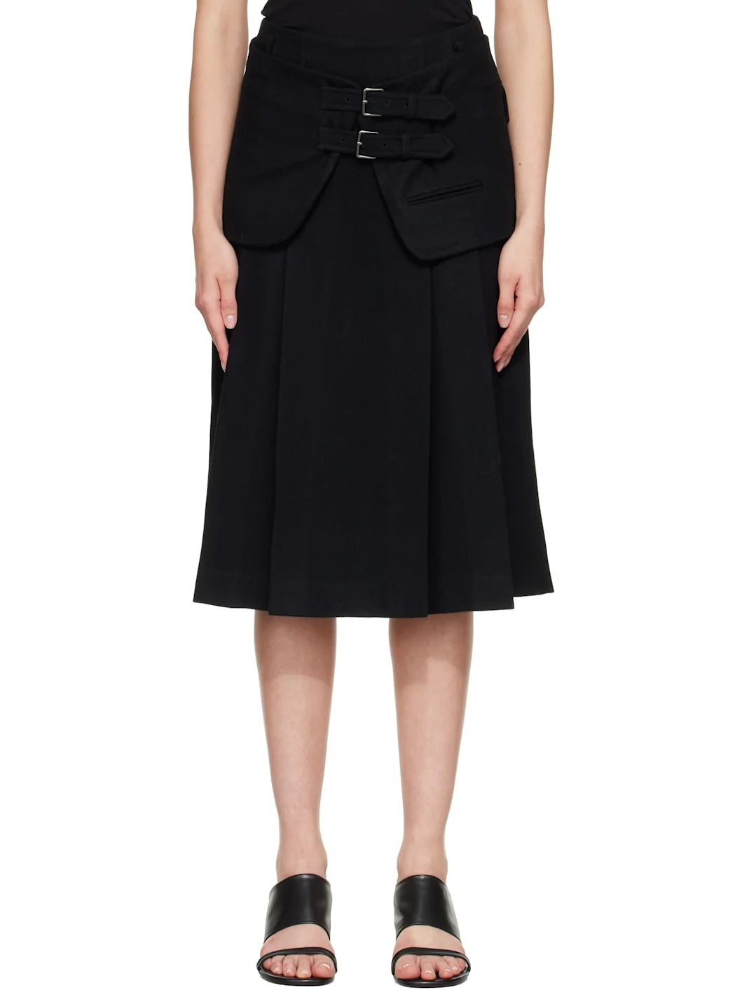 Black Wool Double-Layered Midi Skirt - 1