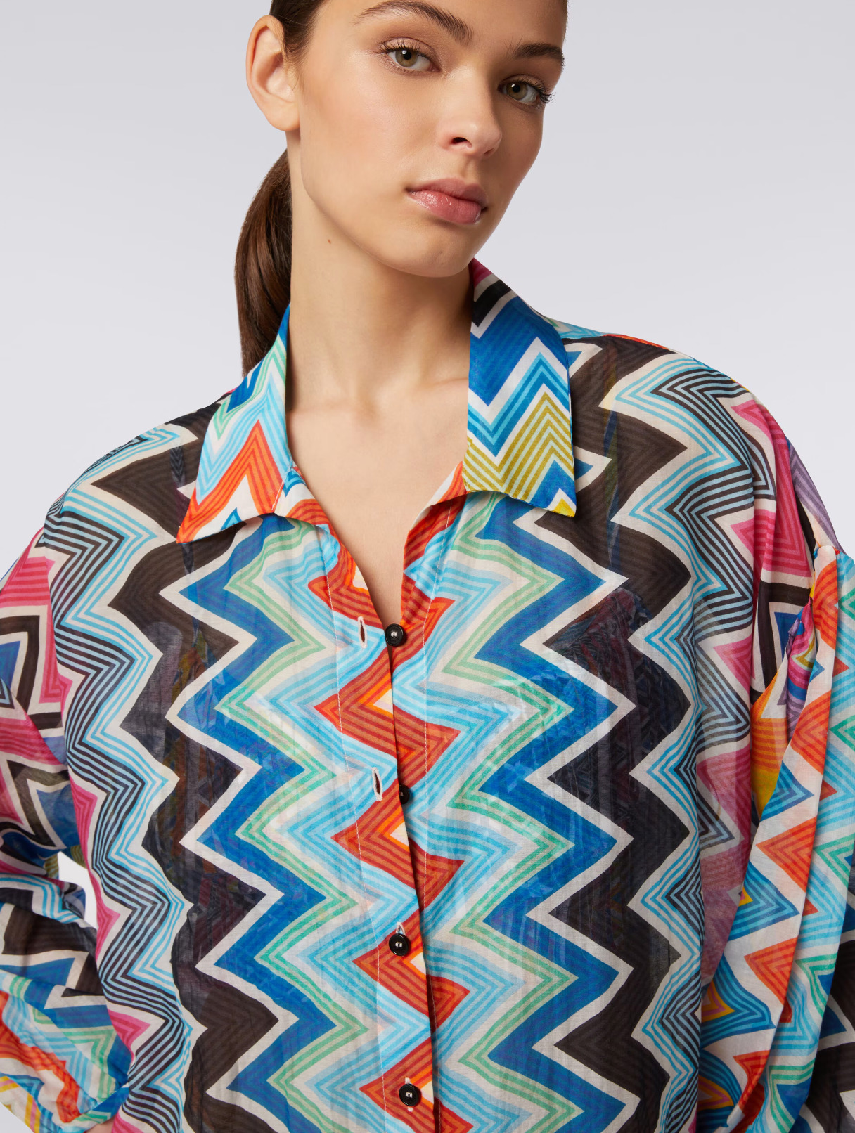 Silk and Cotton Oversize Blouse with Zig Zag Print - 4