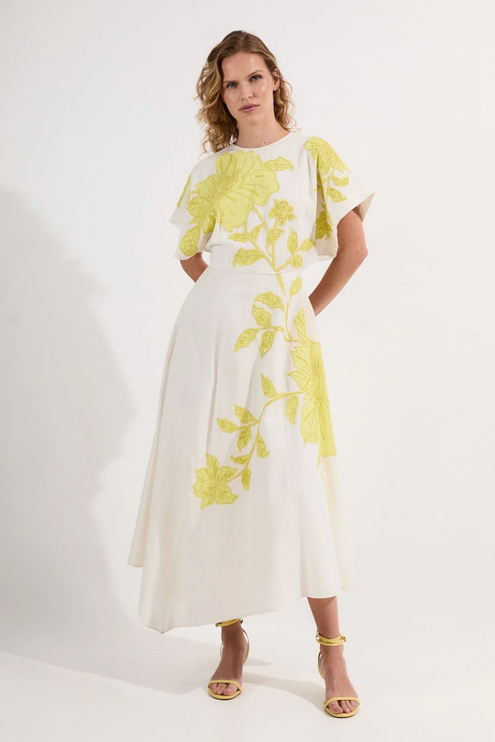 Petite Applique And Beaded Linen Woven Midi Dress With Tie Back Detail - 1