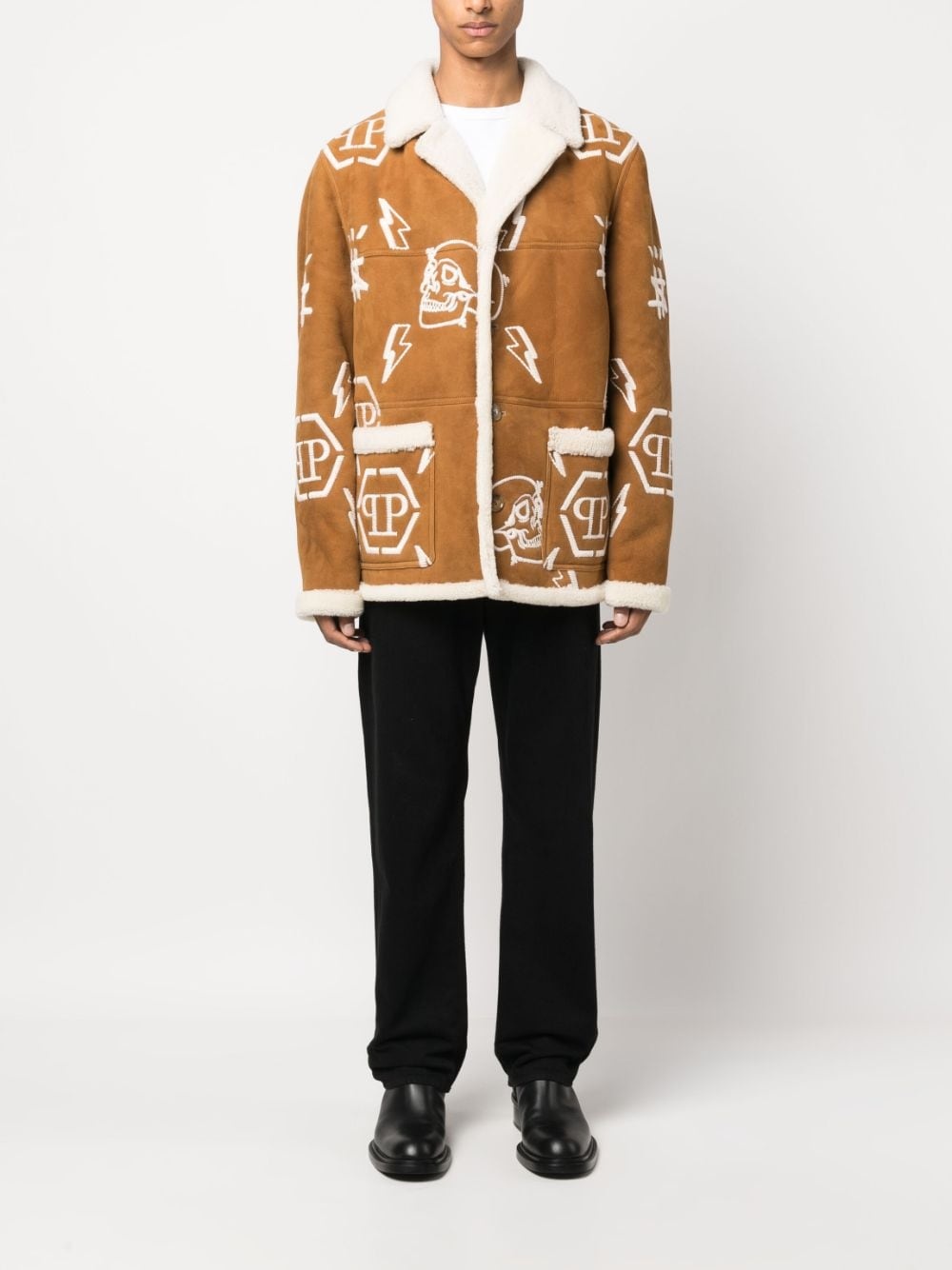 logo-embroidered suede coat - 2