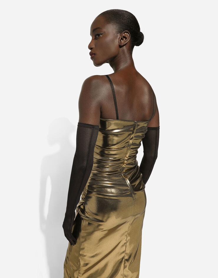 Foiled satin strapless calf-length dress - 8