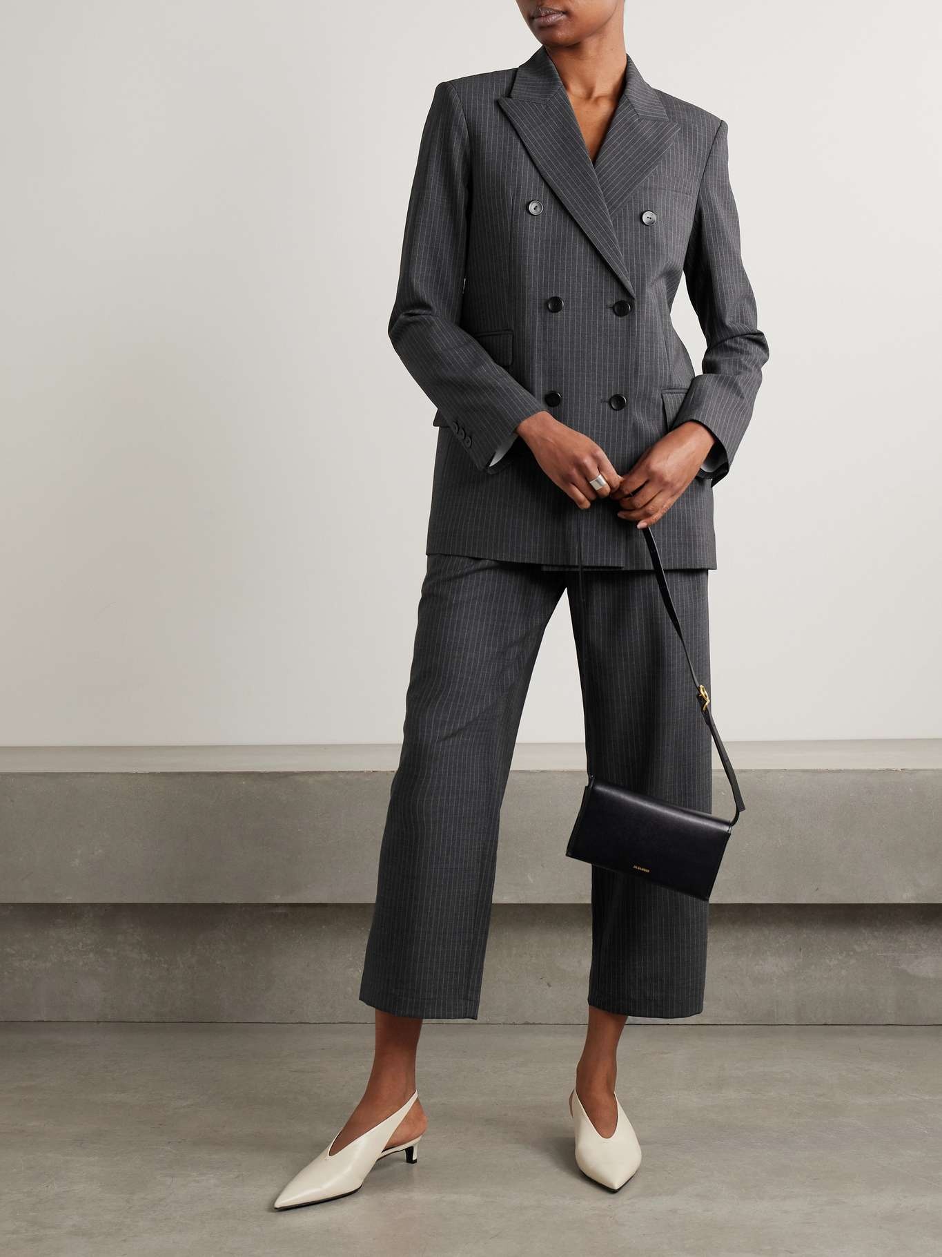 Double-breasted draped pinstriped wool-blend blazer Charcoal - 6