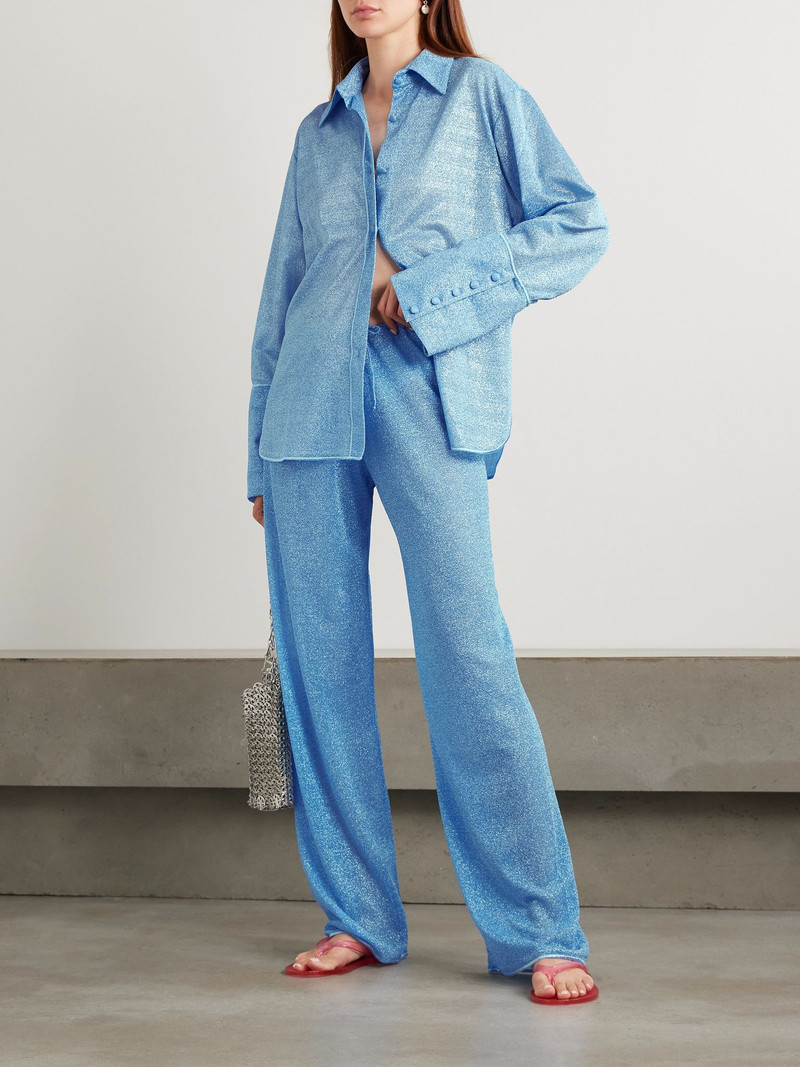 Oséree Lumière metallic stretch-knit shirt Light blue outlook