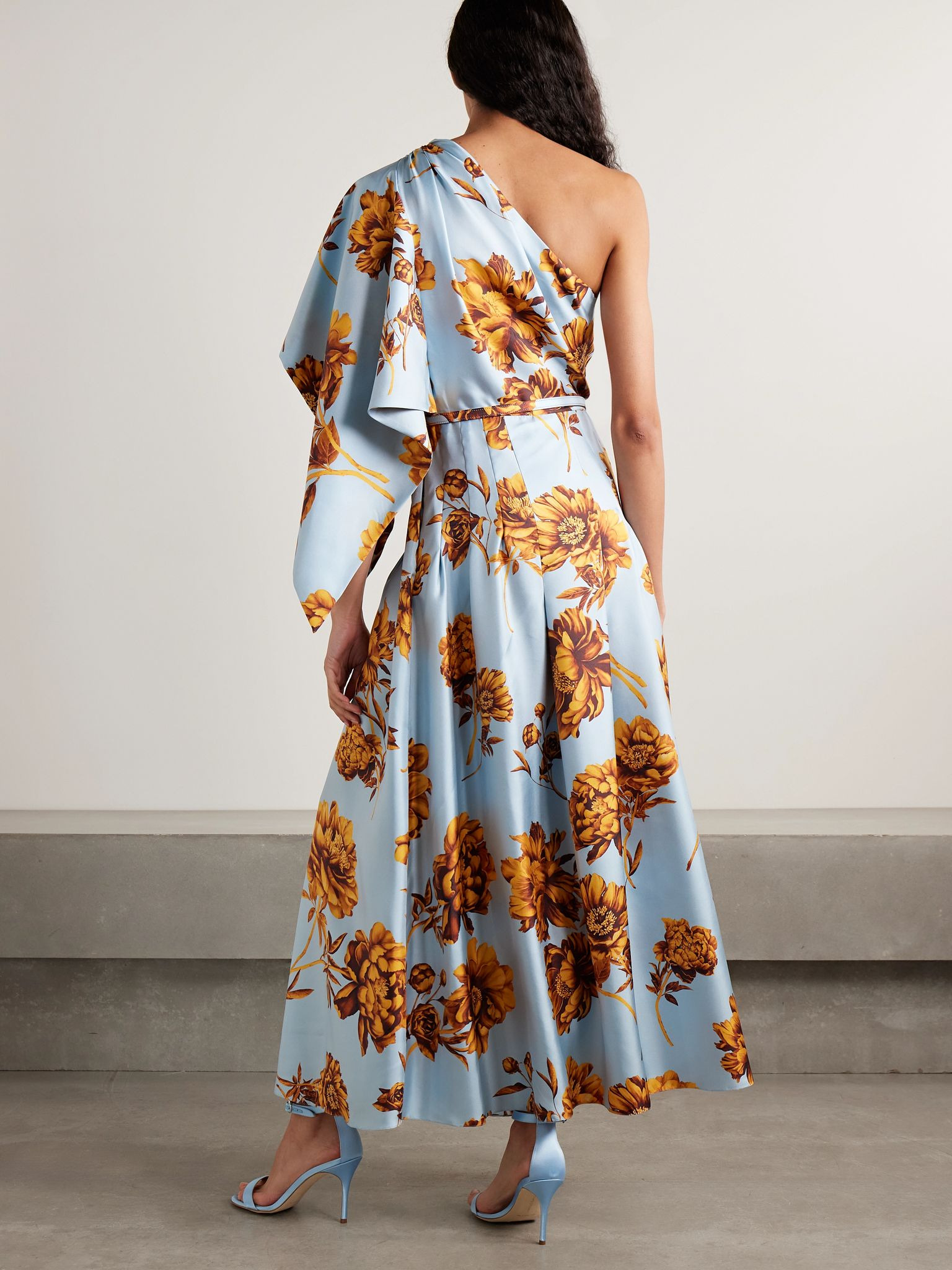 One-shoulder belted draped floral-print silk-twill midi dress Light blue - 3