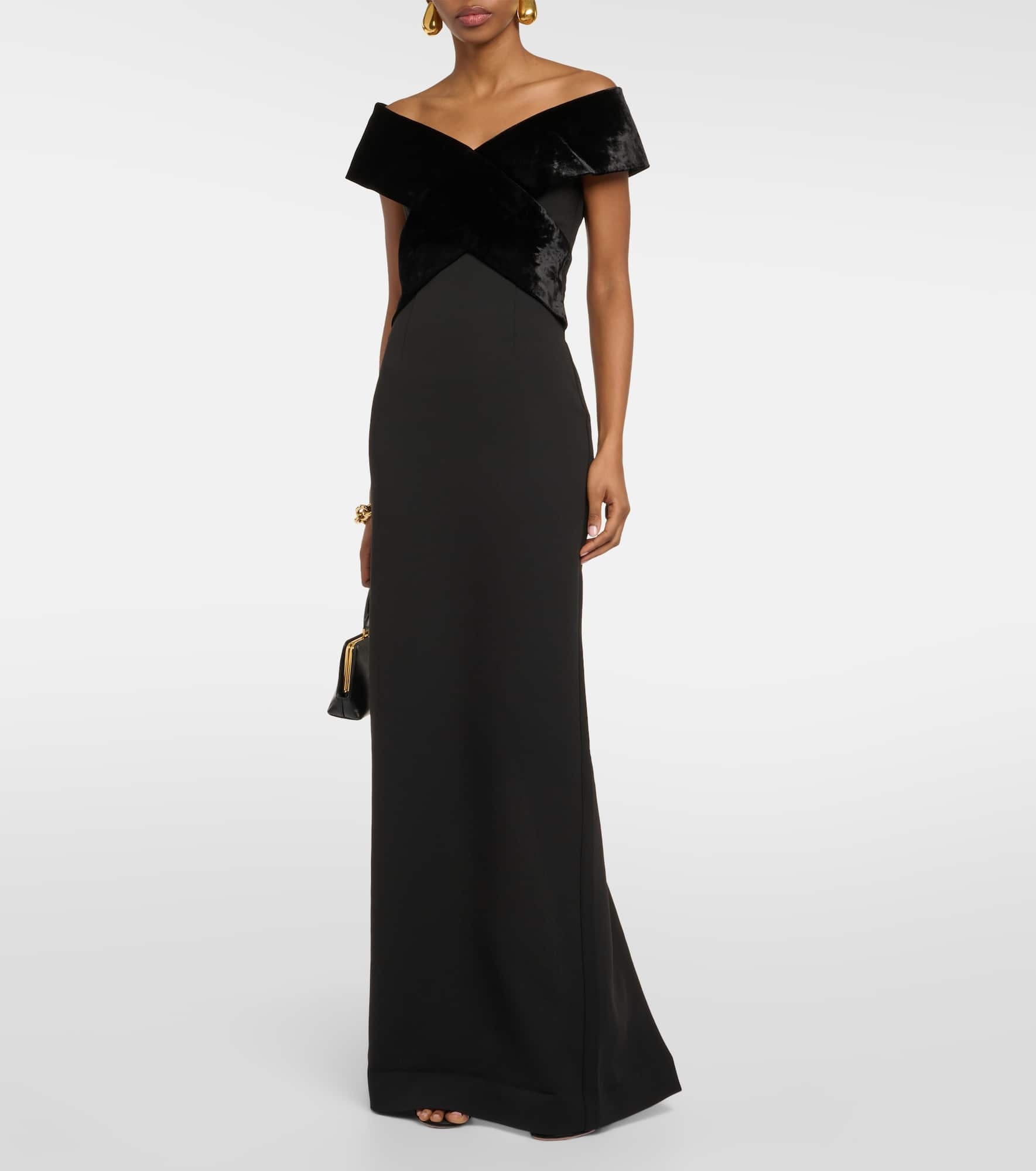 Off-shoulder velvet-trimmed cady gown - 2