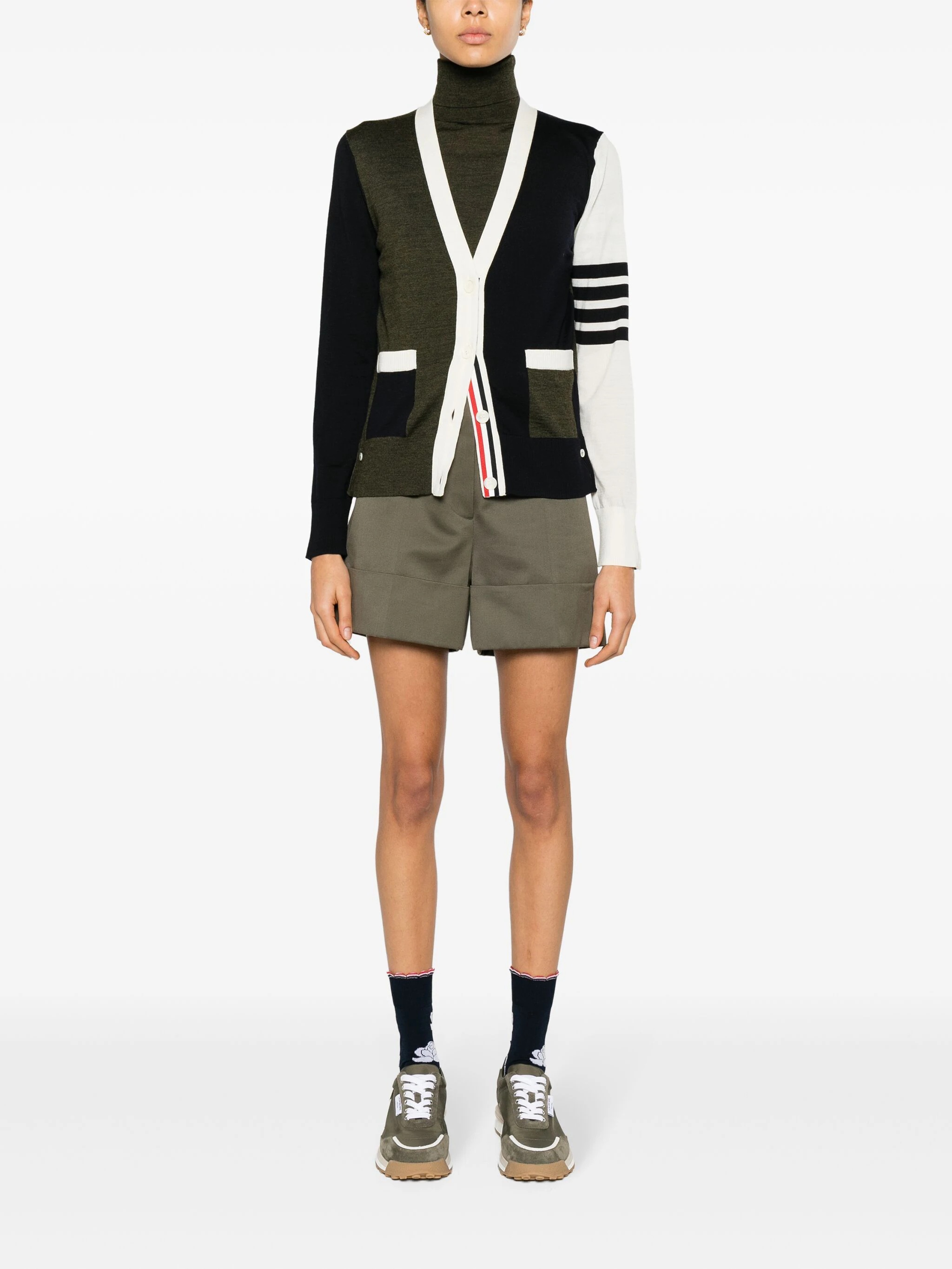 THOM BROWNE Women Fun Mix Relaxed Fit V Neck Cardigan In Fine Merino Wool W/4 Bar Stripe - 4