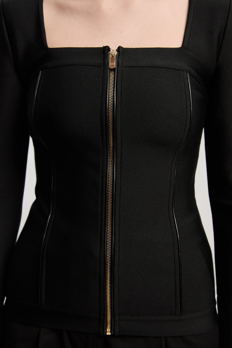 KAREN MILLEN PU Tipped Detail Zip Through Bandage Knit Top outlook