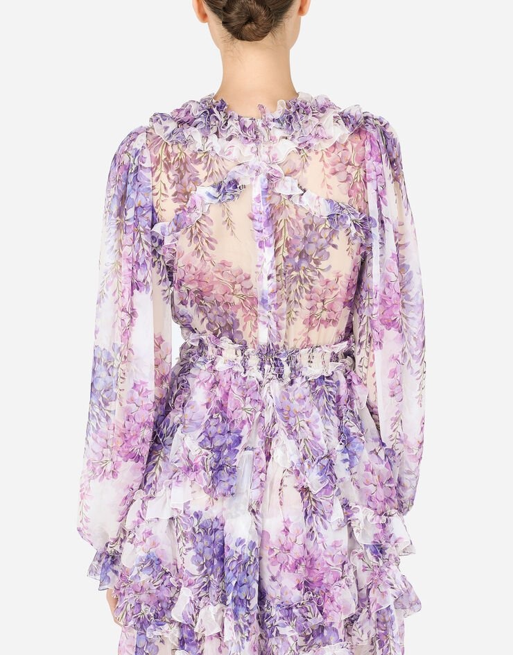 Short wisteria-print chiffon dress with ruches - 5