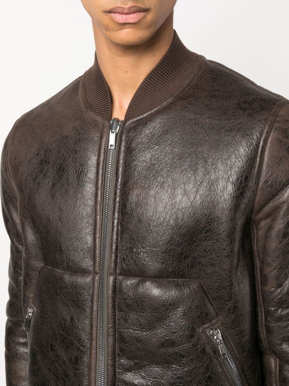 shearling-lining leather bomber jacket - 5