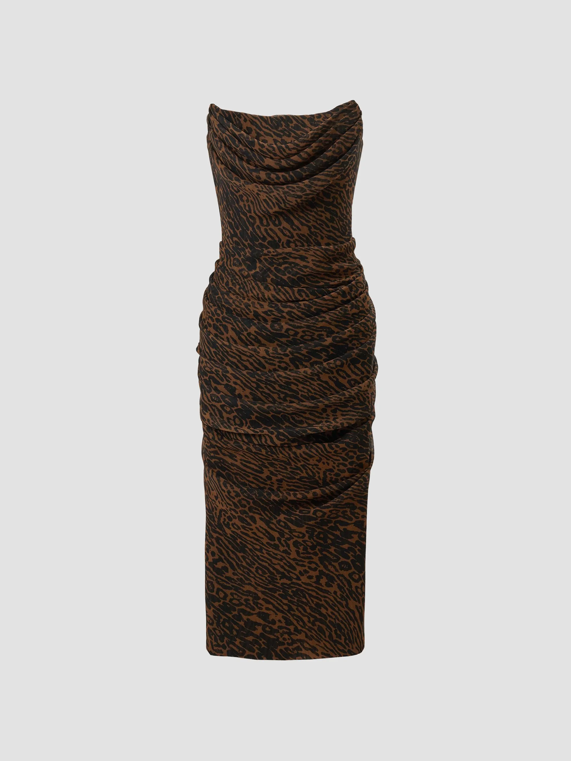 Women's Leopard Print Draped Silk Dress - Brown Black - 1