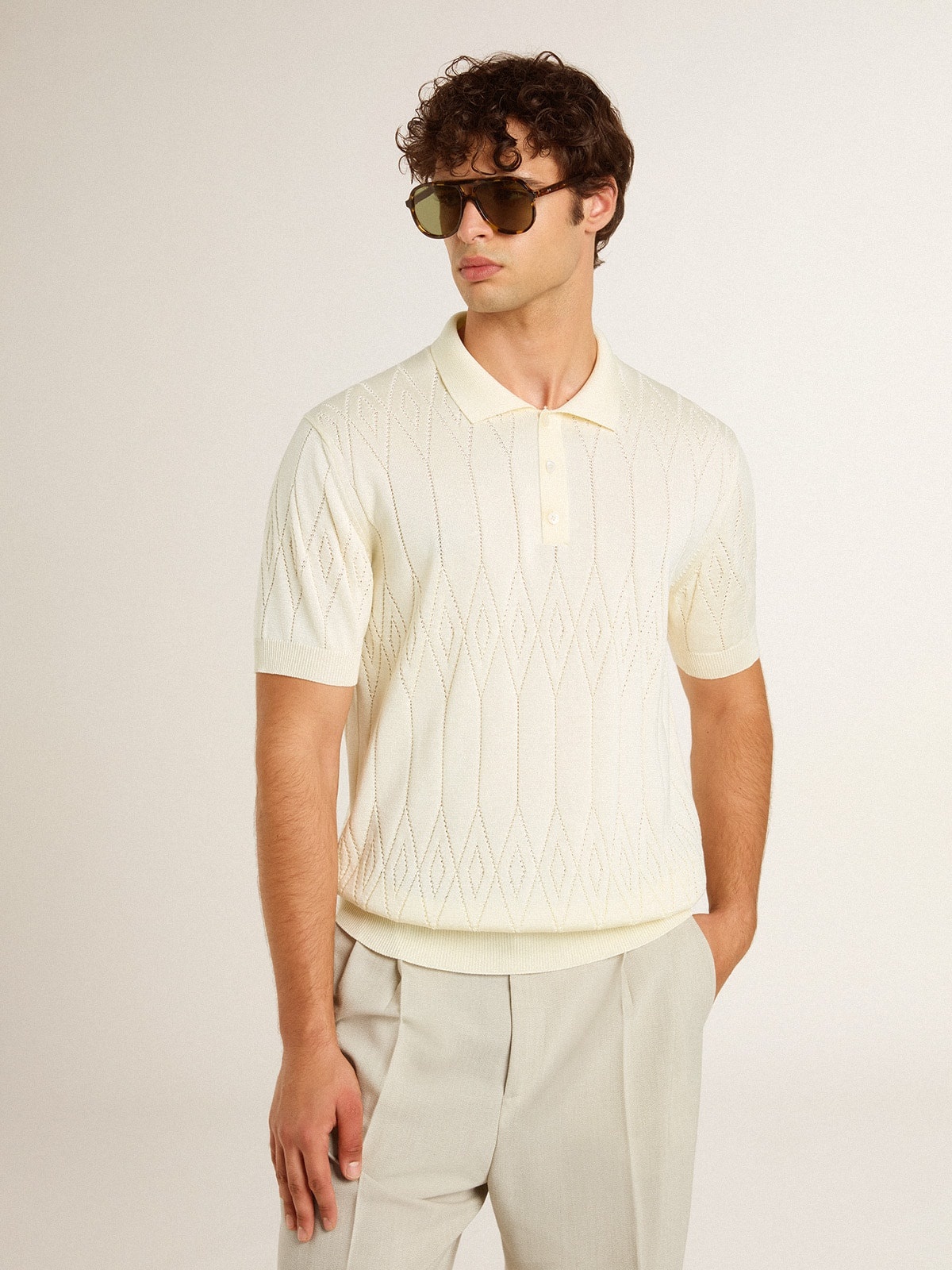 Men's white jacquard knit polo shirt - 2