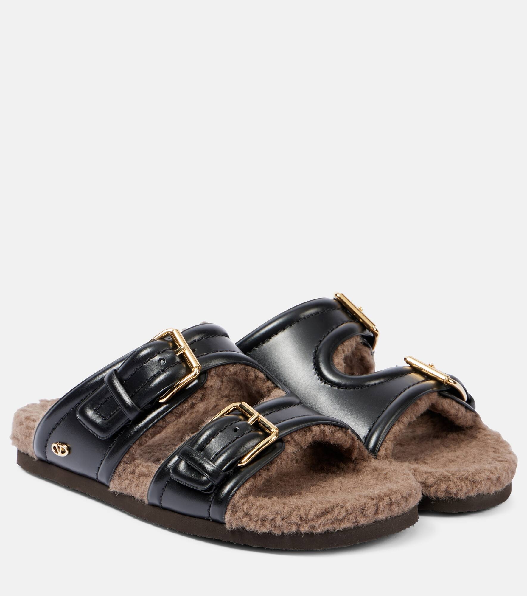 Faux fur-trimmed leather sandals - 1